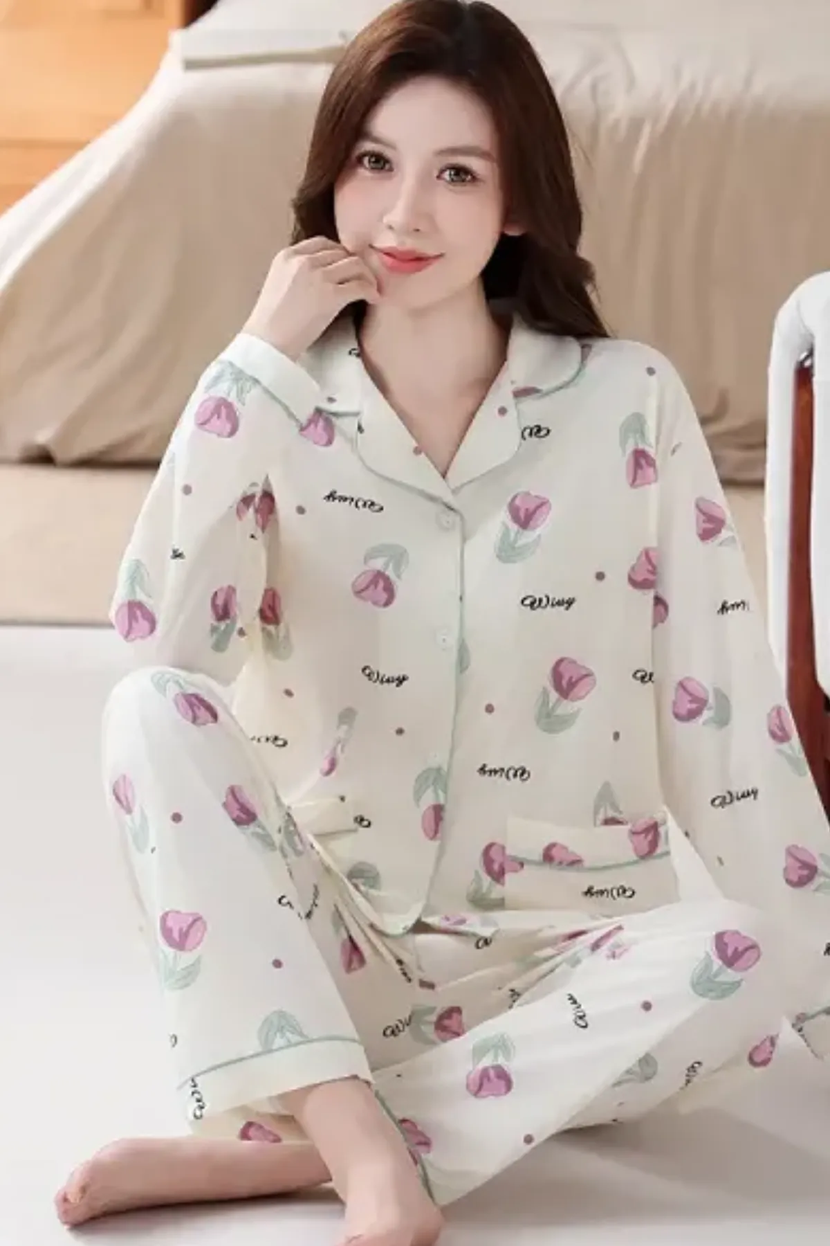 Cozy Tulip Pattern Women's Home Lounge Night Sleepwear Two Piece Pajama Set