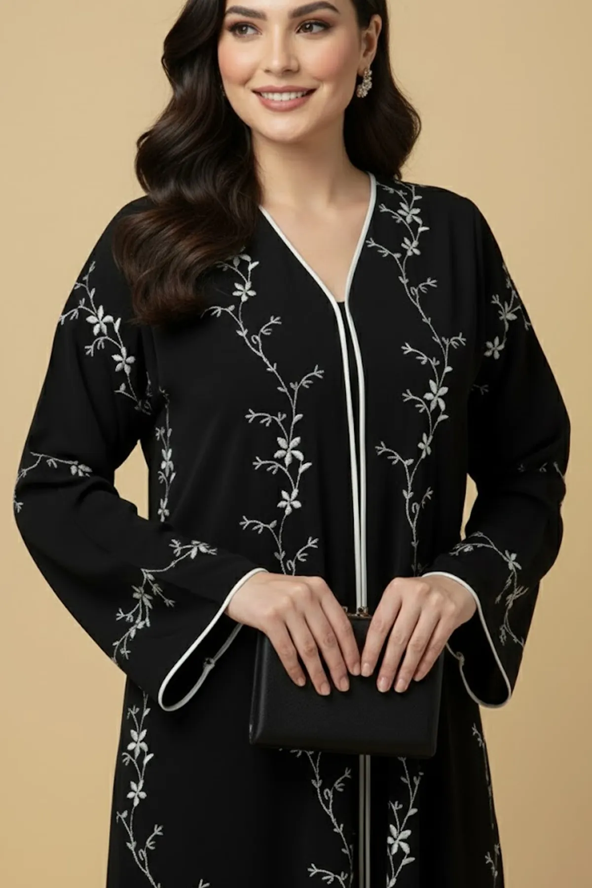 Black Floral Embroidered Abaya Modest Women’s Wear Arabic Muslim Long Sleeve Button Closure Abayas