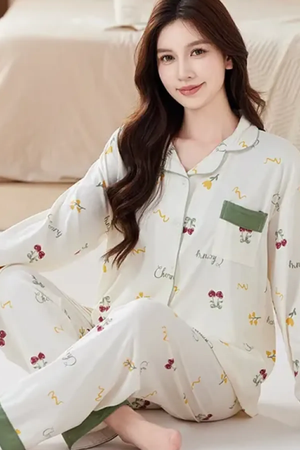 Cozy Cherry Print Pajama Set For Womens Two Pieces Lounge Set