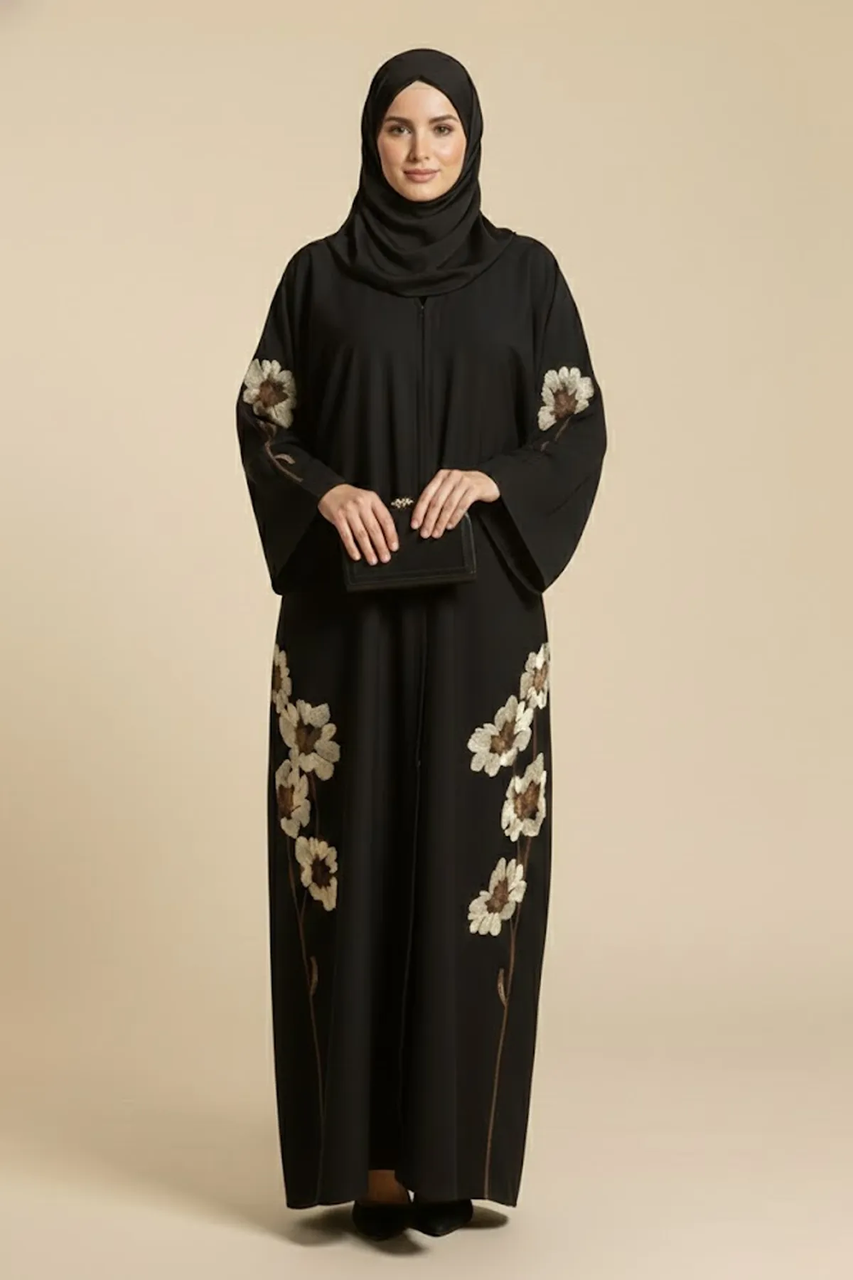 Women's Black Abaya With Gold Floral Embroidery Long Sleeve Button Closure Modest Dress Saudi Style