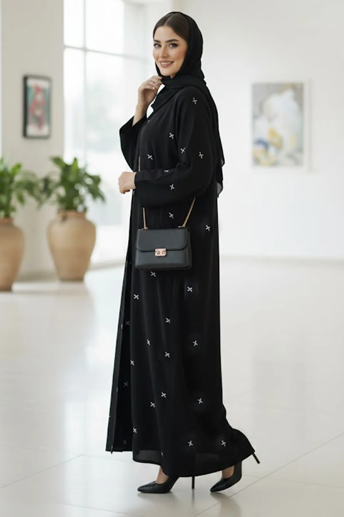Elegant Black Embroidered Abaya For Women Modest Long Sleeve V-neck Maxi Dress With Hijab Style