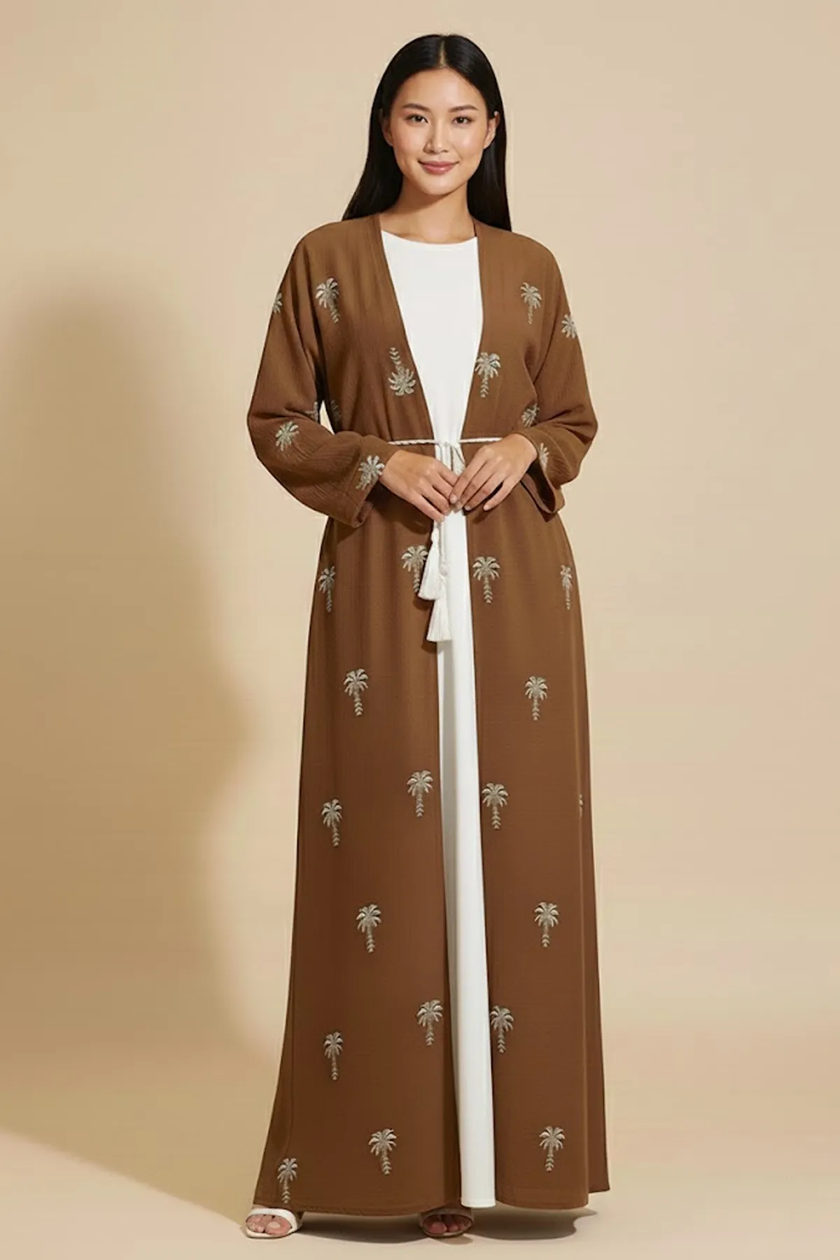 2 Pieces Palm Pattern Embroidery Women's Abaya With Inner Set Arabic Muslim Casual Abaya Dress