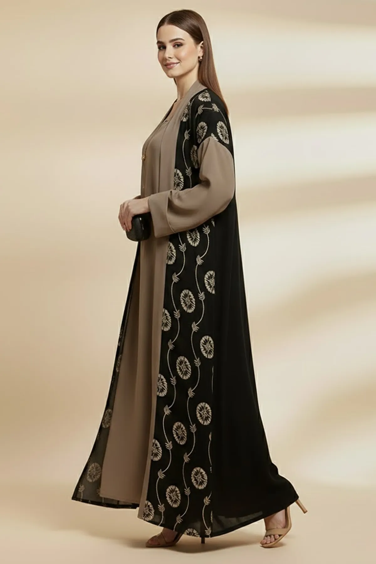 2 Piece Abaya Set Long Sleeve Embroidered Muslim Open Abaya With Matching Inner Dress For Women's