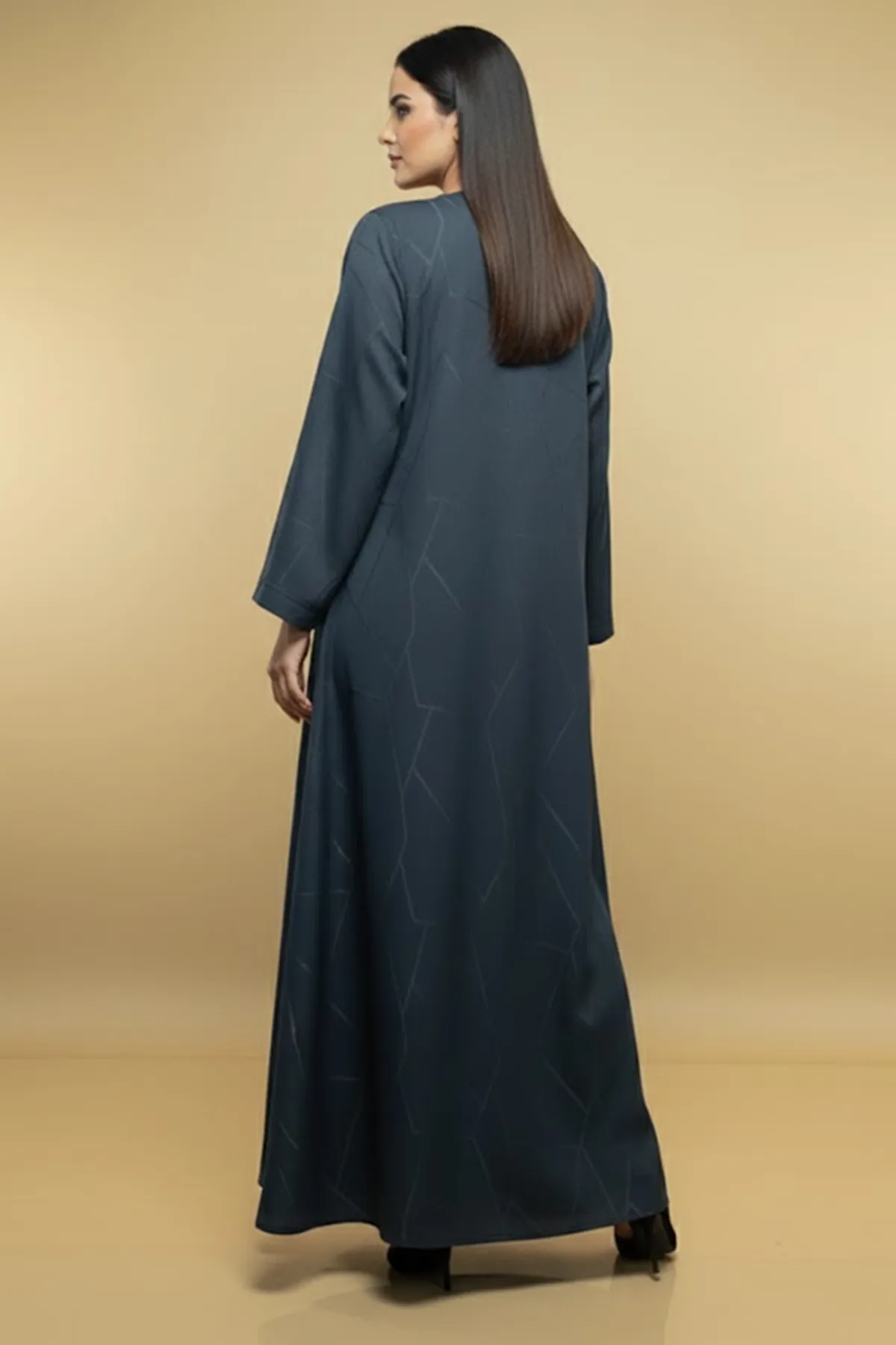 Modern V-neck Maxi Muslim Abaya Geometric Pattern Quality Fabric Long Sleeve A-line Womens Abaya