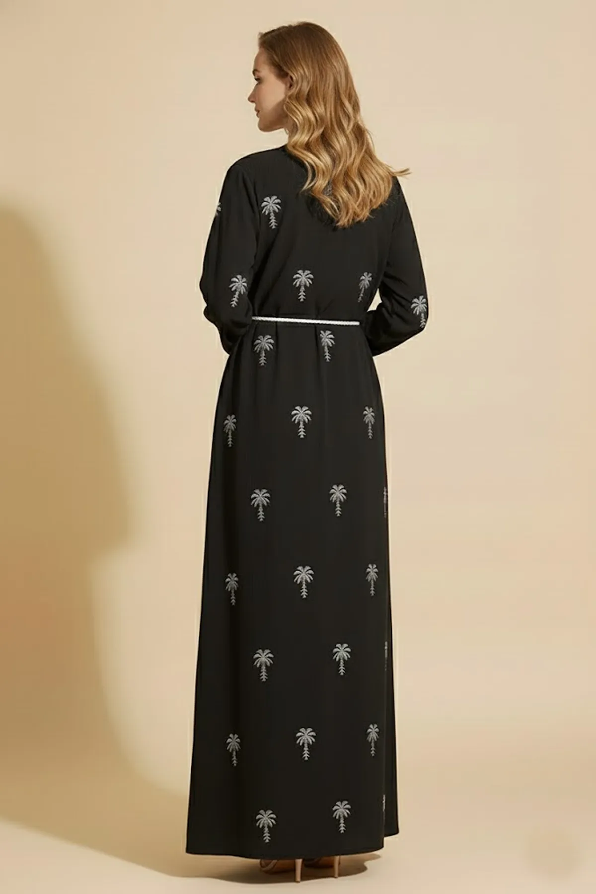 2 Pieces Palm Pattern Embroidery Women's Abaya With Inner Set Arabic Muslim Casual Abaya Dress