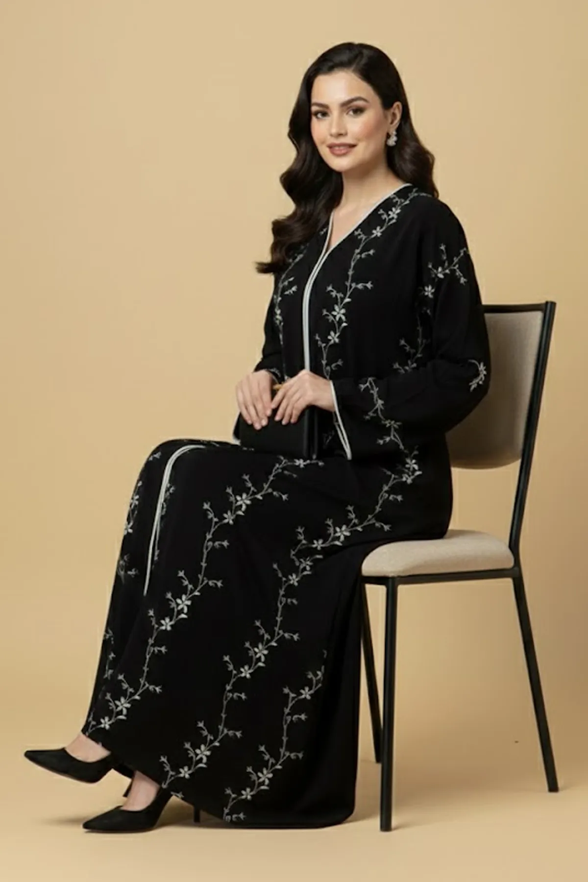 Black Floral Embroidered Abaya Modest Women’s Wear Arabic Muslim Long Sleeve Button Closure Abayas