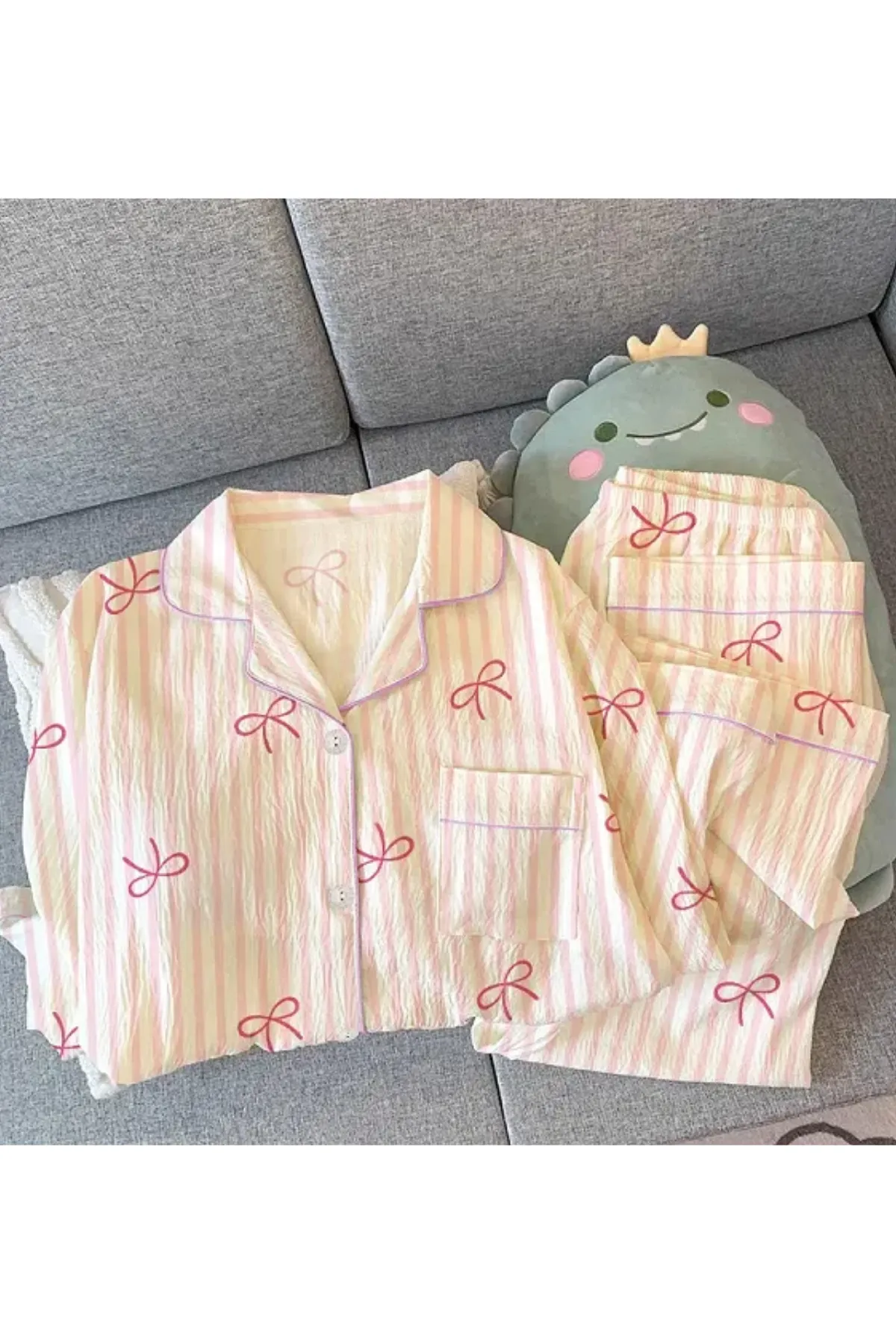 Bow Stripe Pattern 2 Pieces Women's Cozy Loungewear Pajama Set