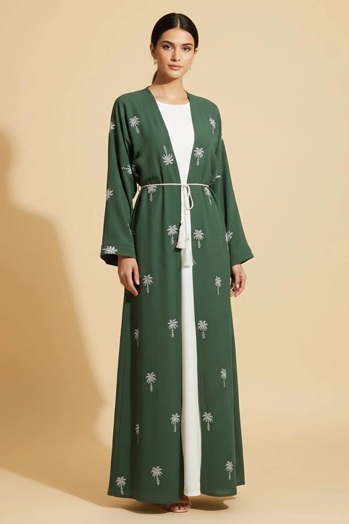 2 Pieces Palm Pattern Embroidery Women's Abaya With Inner Set Arabic Muslim Casual Abaya Dress