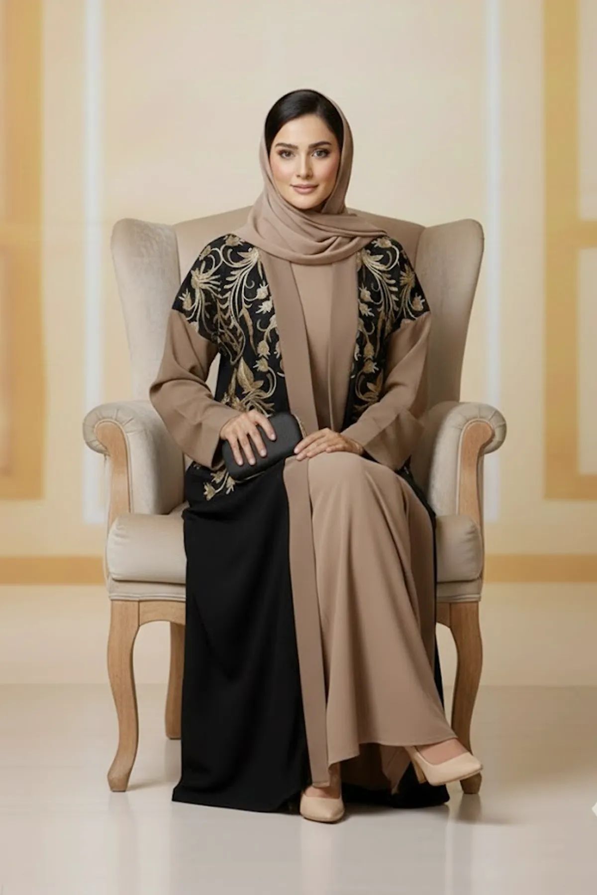 2 Pieces Elegant Black Brown Embroidered Abaya For Women Long Sleeve With Inner Muslim Abaya Dress