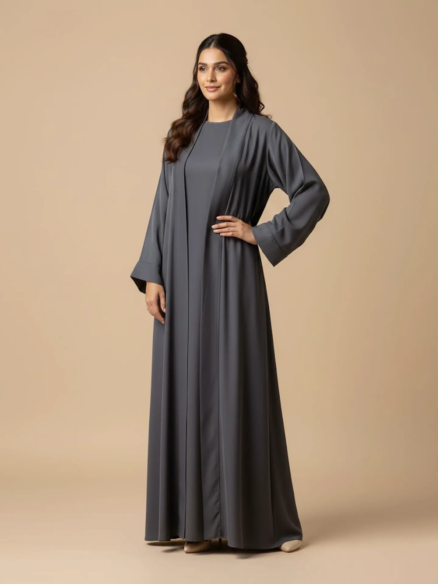 Elegant 2 Piece Abaya Set For Women's Flowy Open Muslim Arabic Long Gray Abaya With Inner Dress