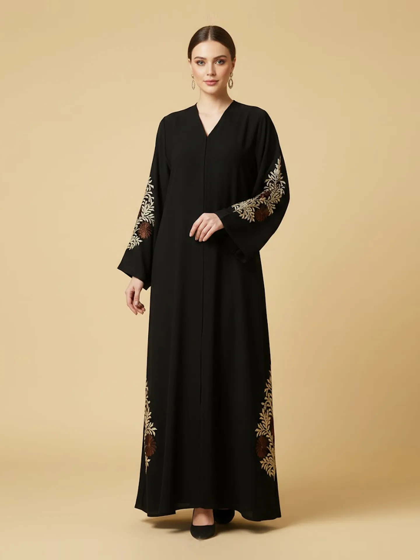 Elegant Black Floral Embroidered Abaya For Women's Button Closure V-neck Long Sleeve Muslim Abaya