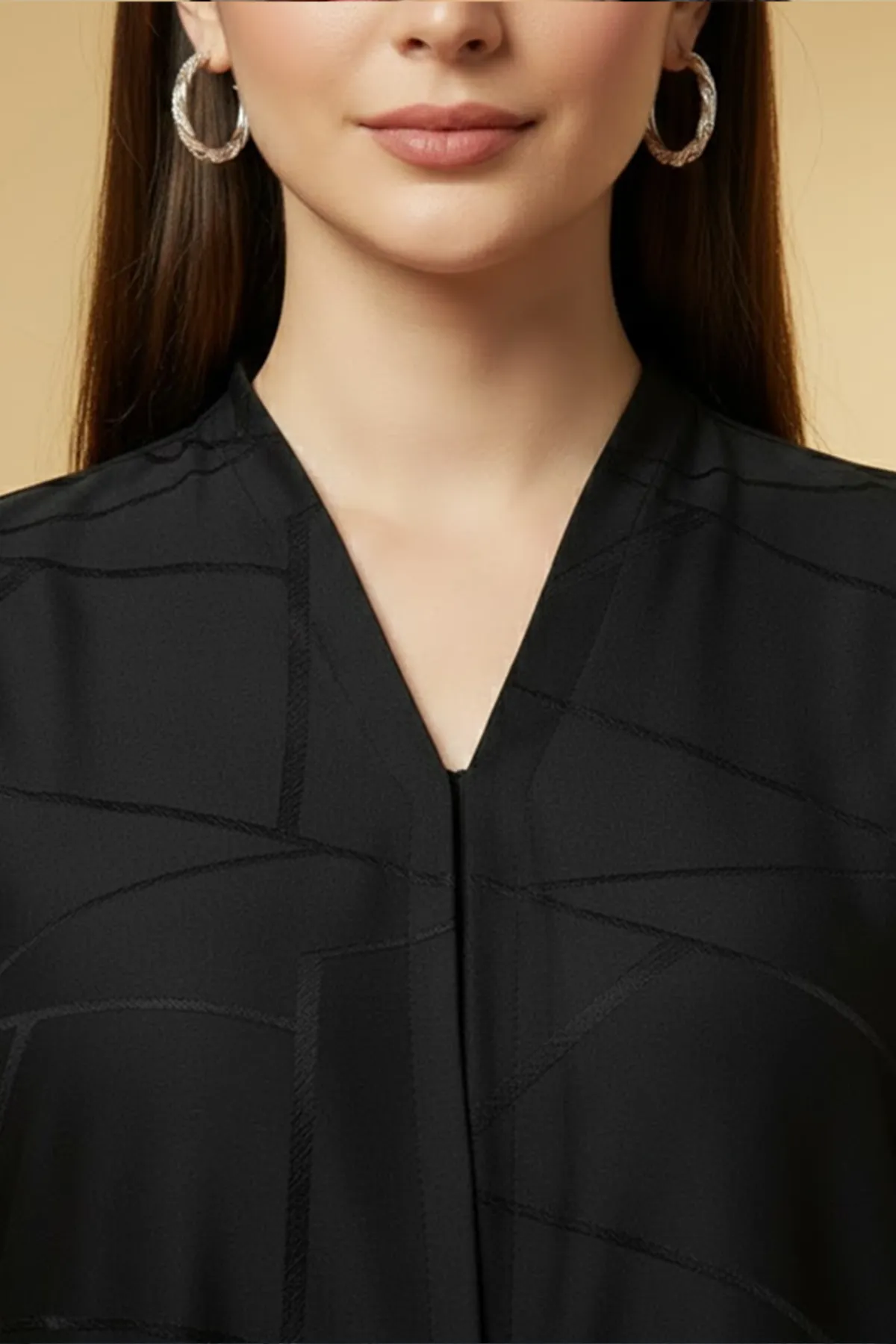 Modern V-neck Maxi Muslim Abaya Geometric Pattern Quality Fabric Long Sleeve A-line Womens Abaya