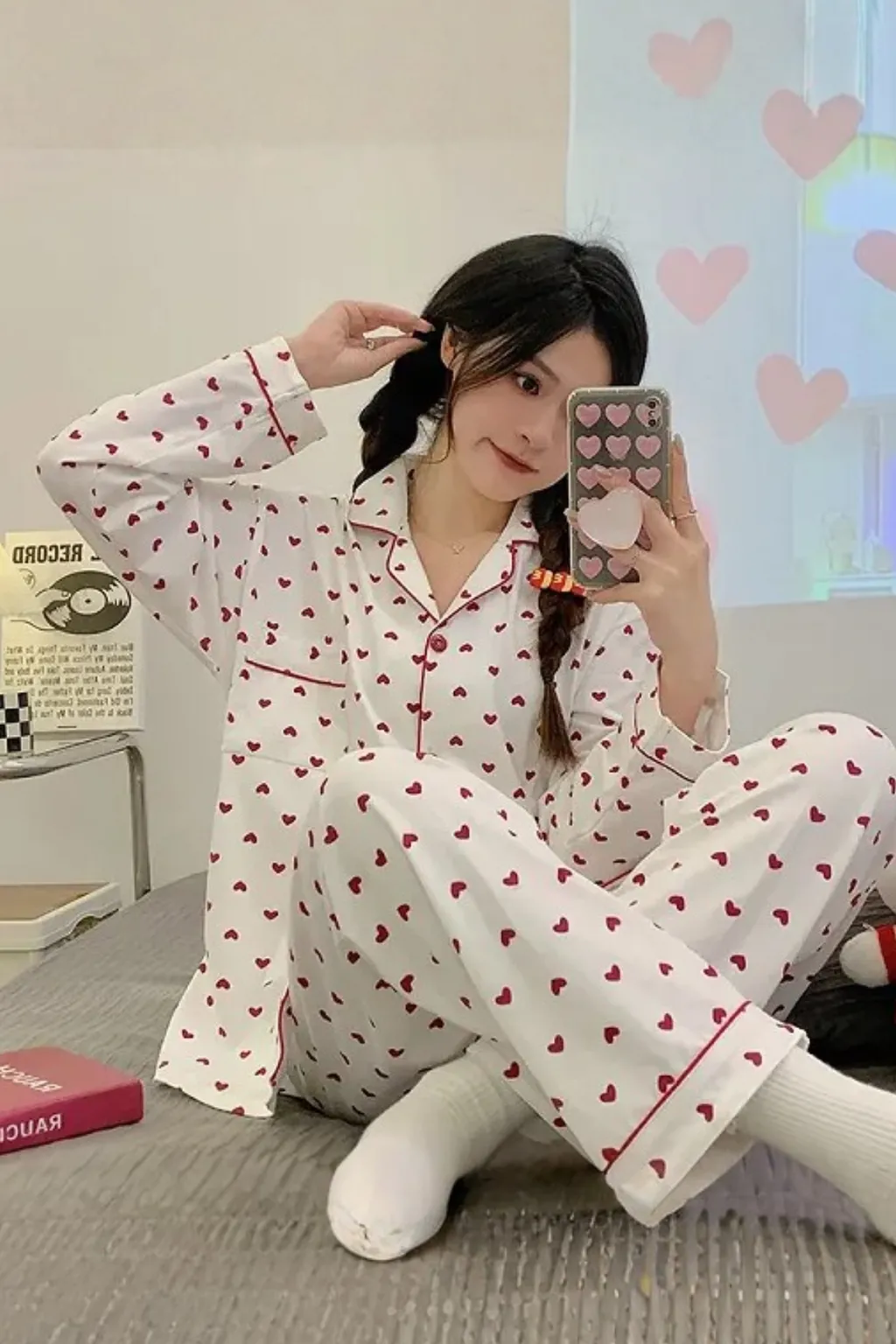 Heart Patterned Women's Pajama Set Soft Fabric Girl's Pajam Two Piecs Set