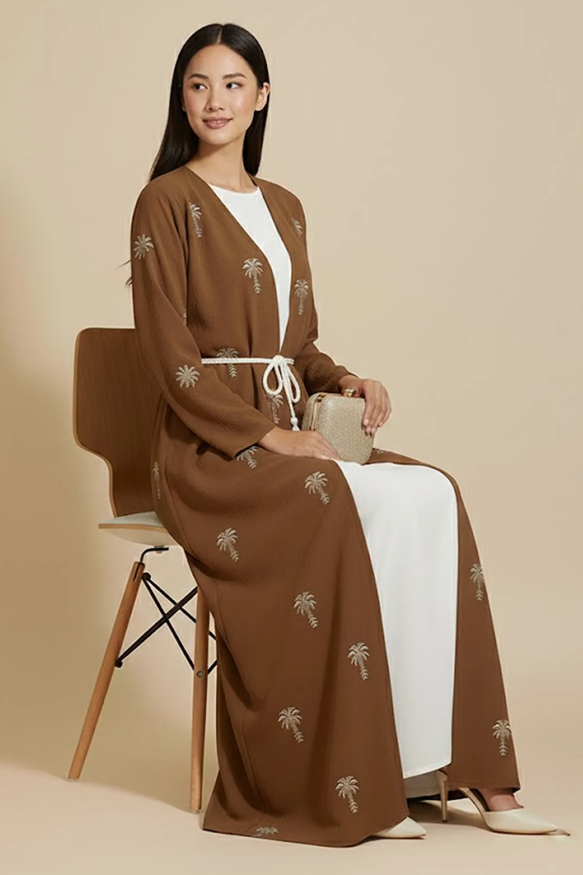 2 Pieces Palm Pattern Embroidery Women's Abaya With Inner Set Arabic Muslim Casual Abaya Dress