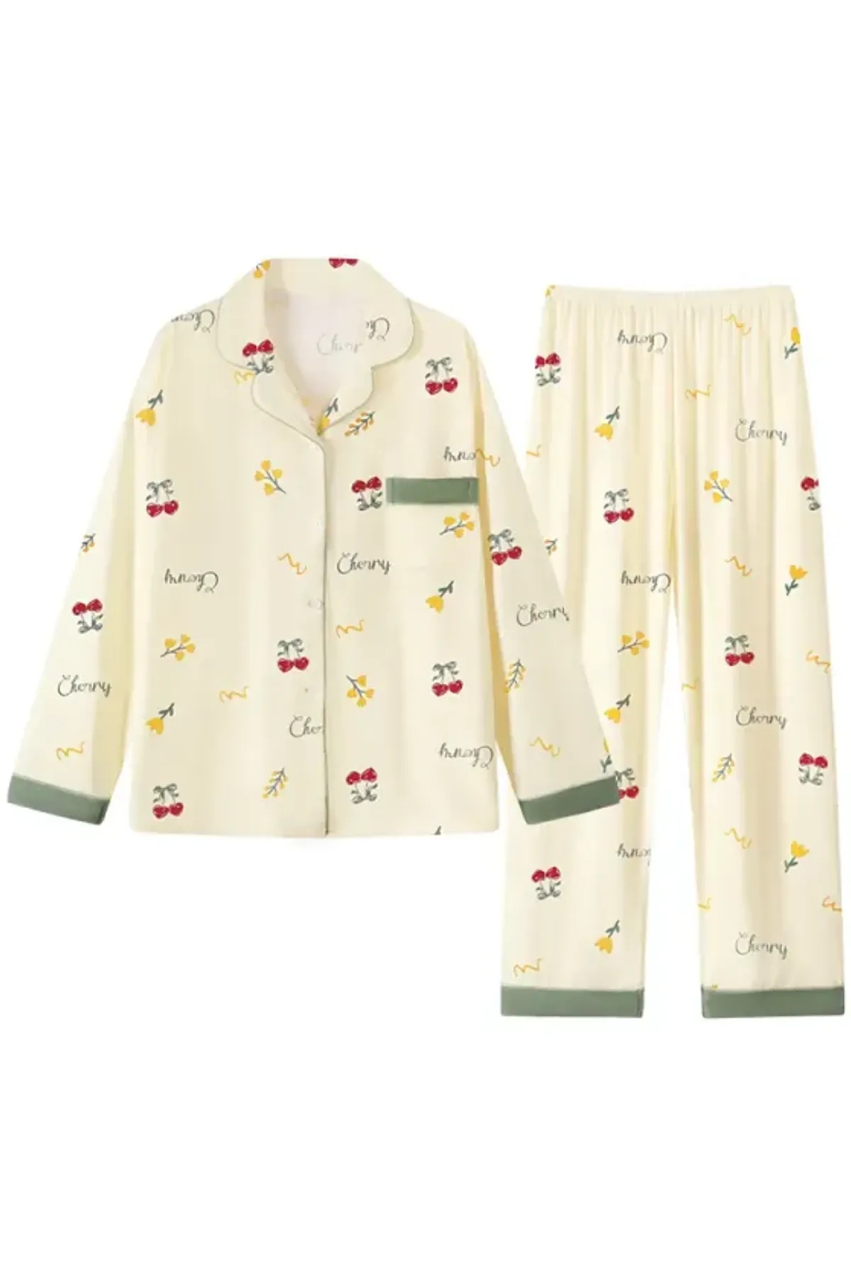 Cozy Cherry Print Pajama Set For Womens Two Pieces Lounge Set