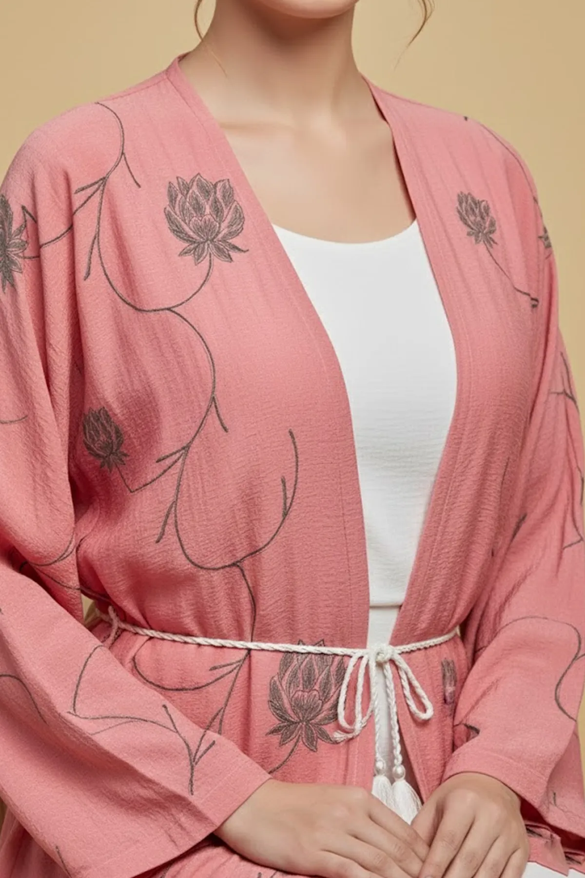 2 Pieces Women’s Long Pink Floral Kimono Abaya Stylish Open Robe With Inner Modern Dress Set