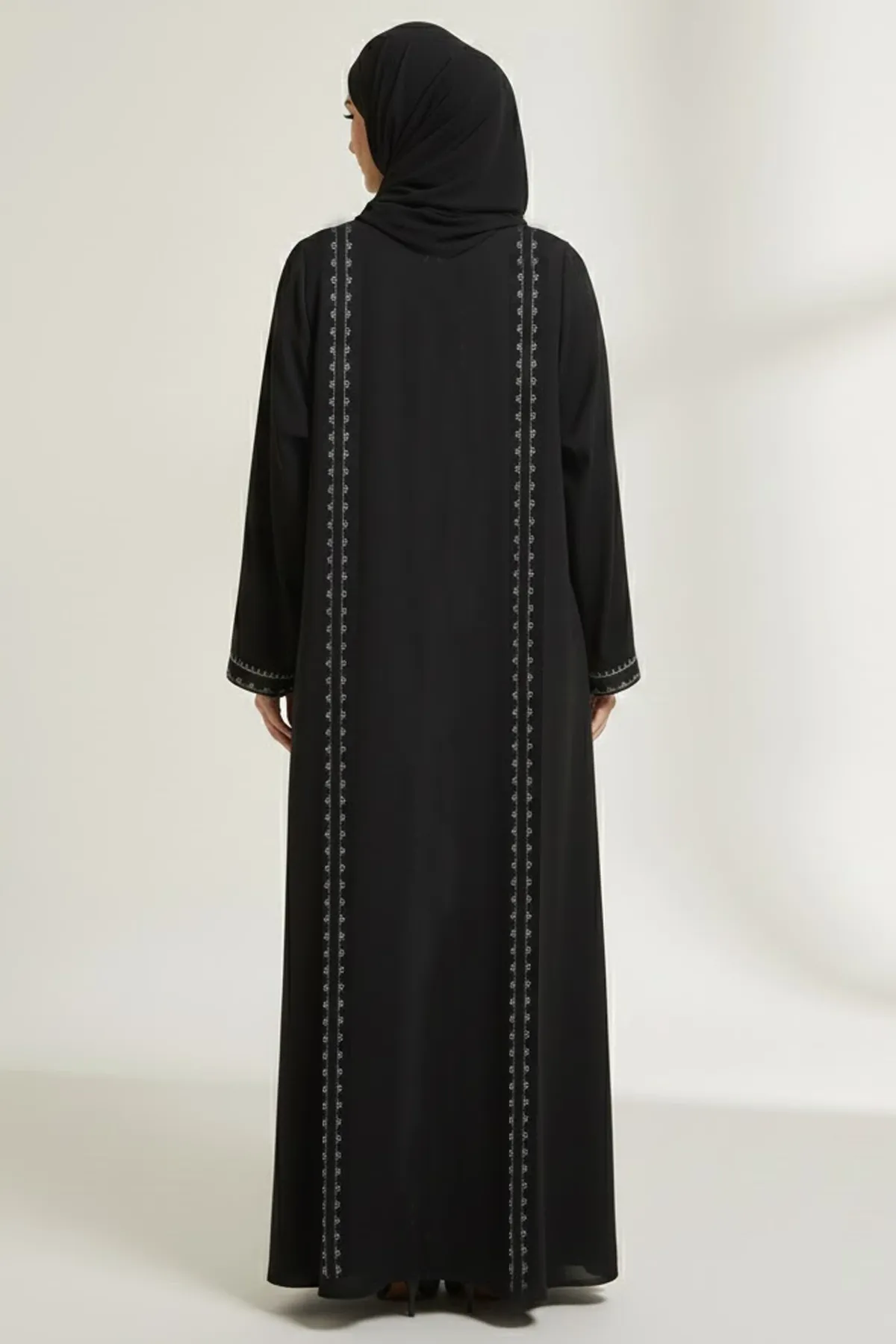Premium Black Abaya With Front Embroidery Rhinestone Modern Modest Wear V-neck Long Sleeve Dress
