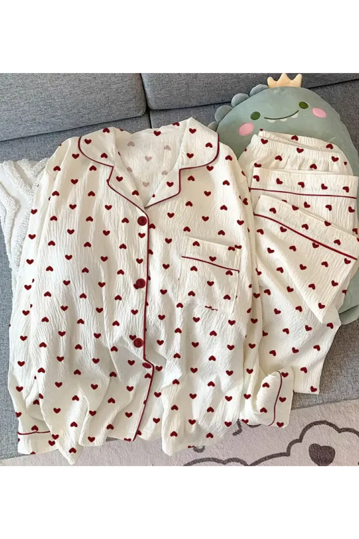 Heart Pattern Womens Pajama Set Cozy Soft Fabric Two Pieces Lounge set