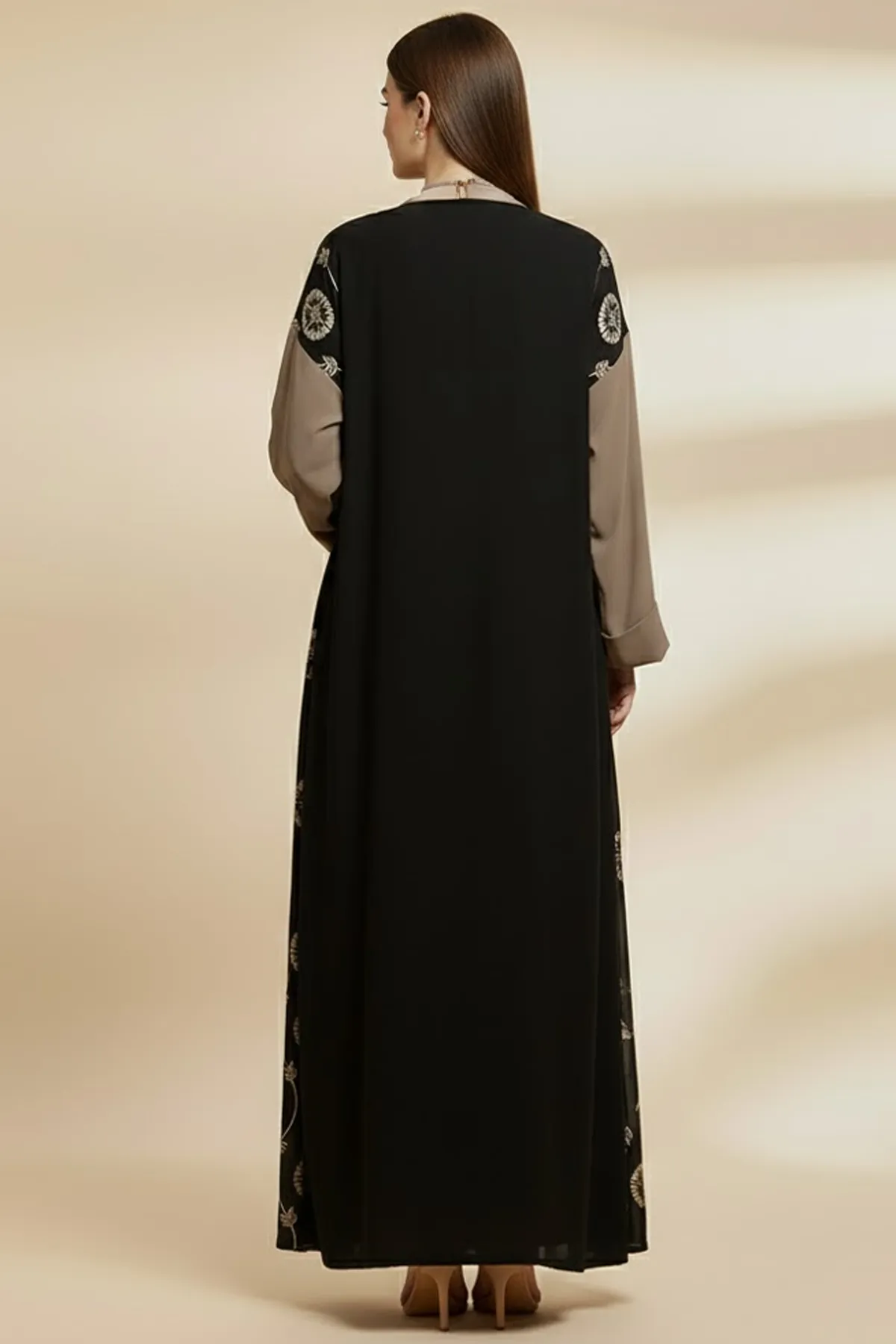 2 Piece Abaya Set Long Sleeve Embroidered Muslim Open Abaya With Matching Inner Dress For Women's