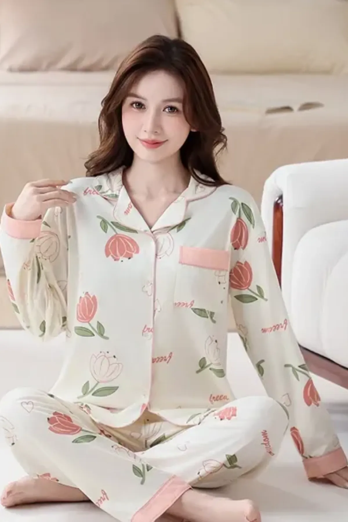 Cozy Womens Pajama Set Floral Printed Lounge Pajama Two Pieces Set