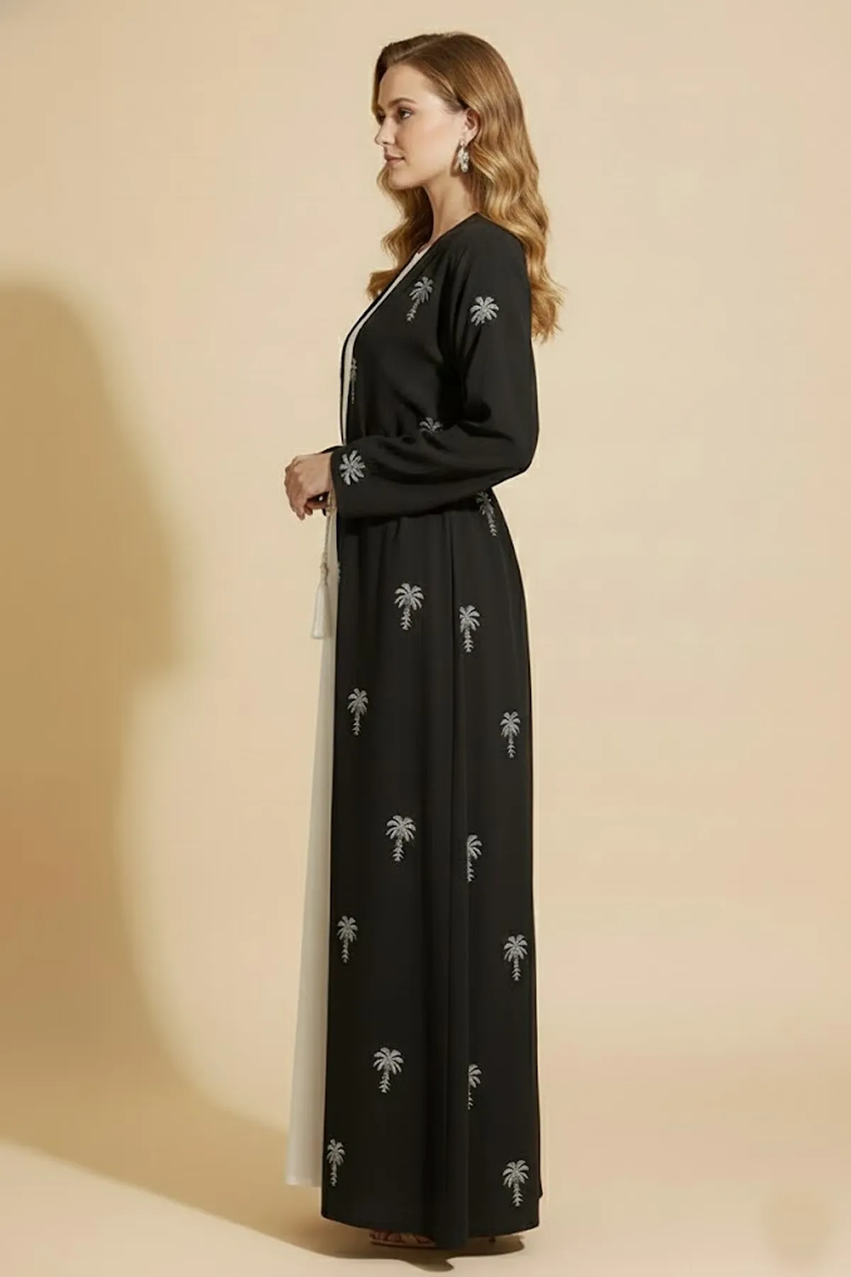 2 Pieces Palm Pattern Embroidery Women's Abaya With Inner Set Arabic Muslim Casual Abaya Dress