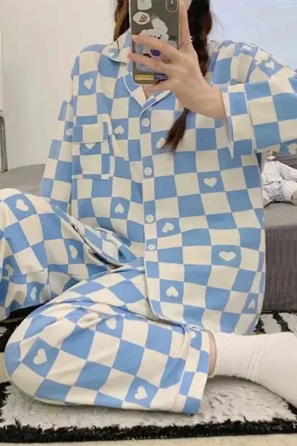 Women's Pajama Set Checkered Pattern With Heart Accents Girls Pajama