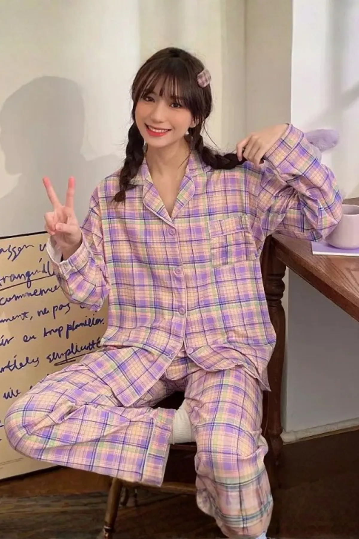 Plaid Pattern Women's Pajama Set Lounge Wear Girl's Pajama Set