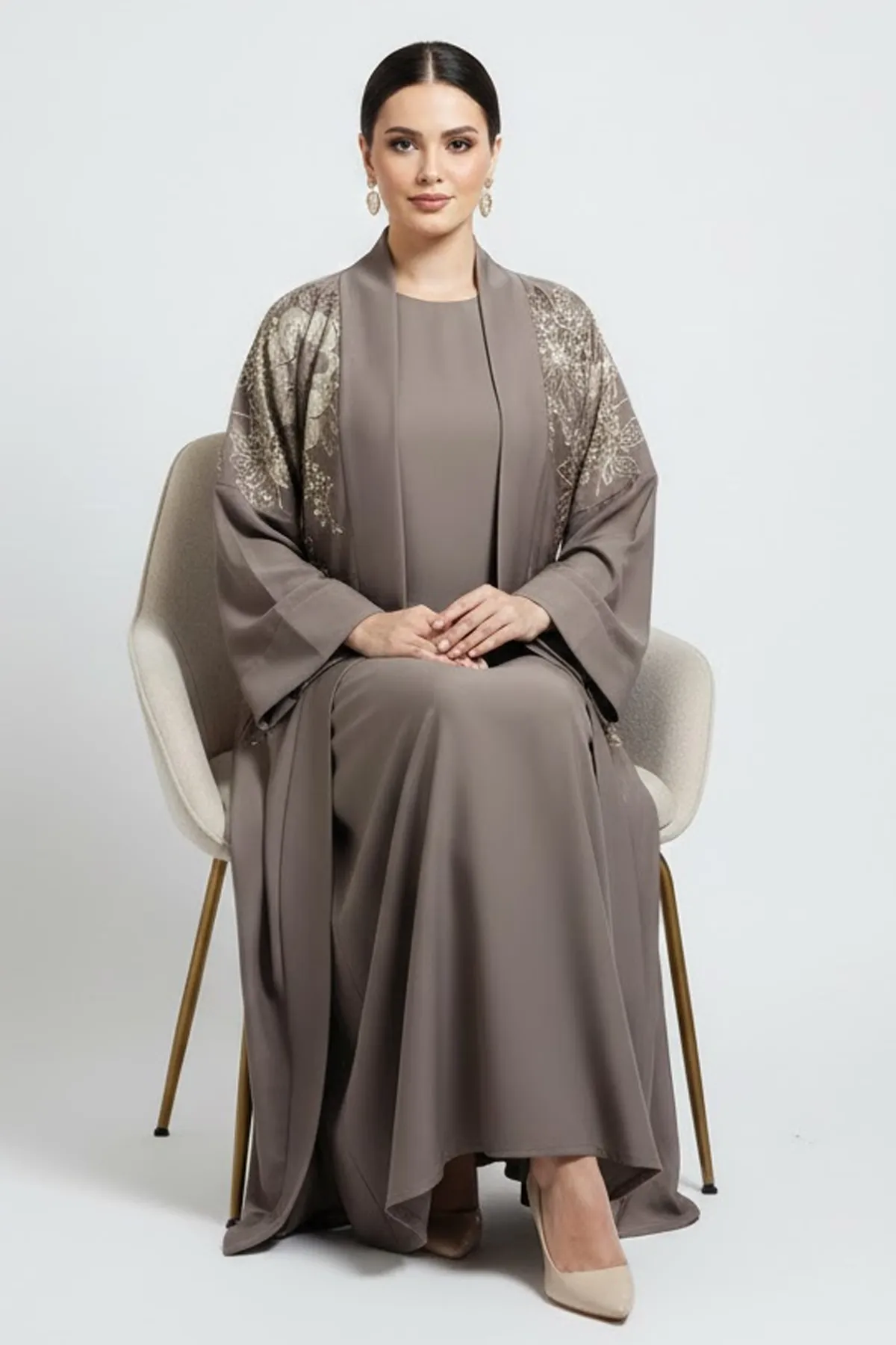 2 Pieces Premium Khaki Open Abaya Set With Inner Elegant Floral Embroidery Casual Muslim Abaya Dress