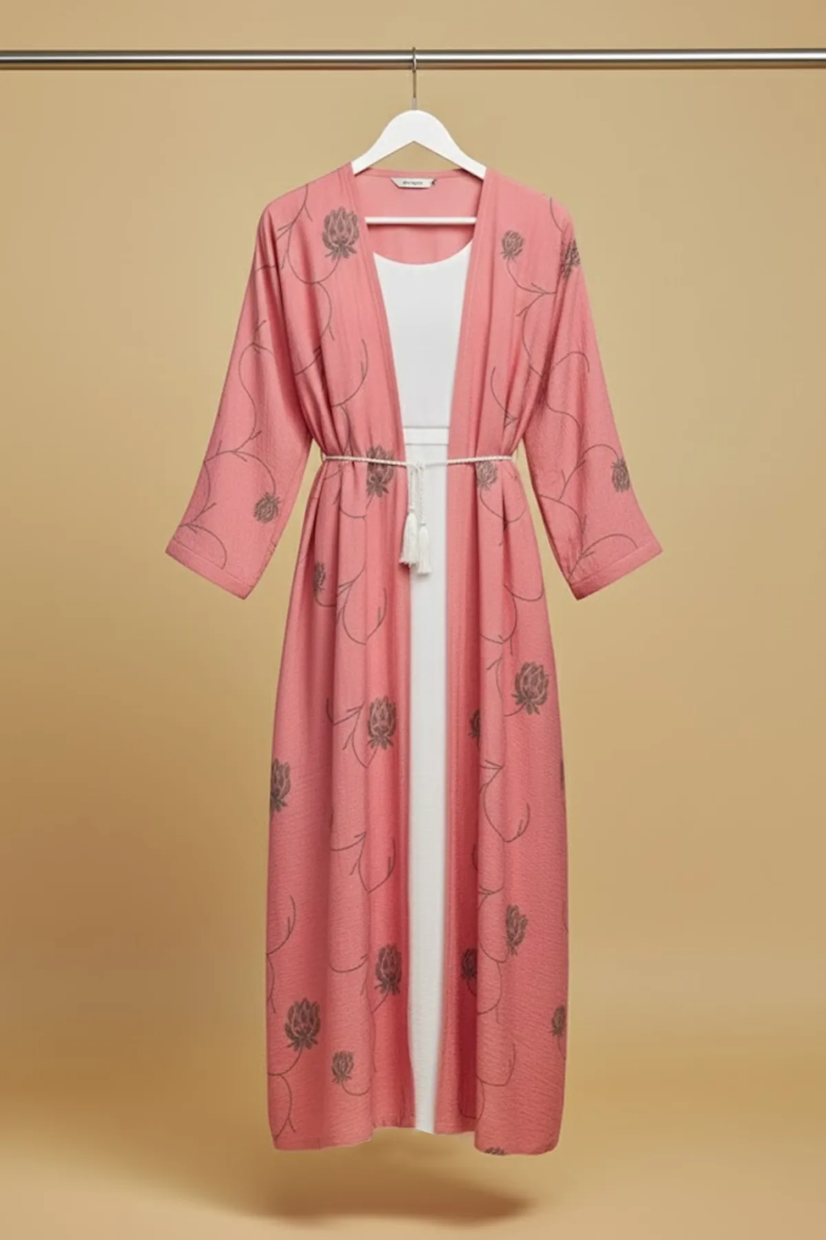 2 Pieces Women’s Long Pink Floral Kimono Abaya Stylish Open Robe With Inner Modern Dress Set