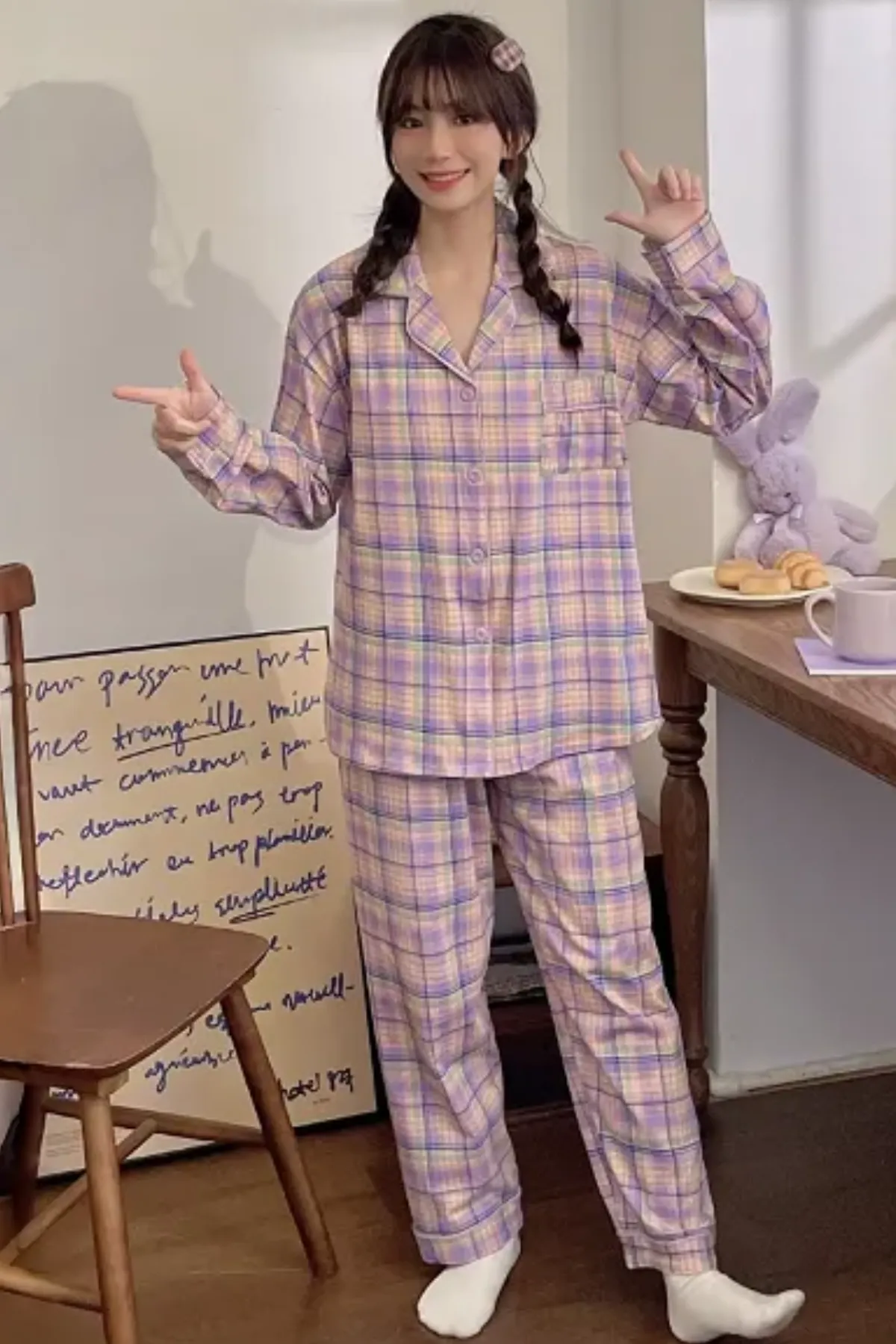 Plaid Pattern Women's Pajama Set Lounge Wear Girl's Pajama Set