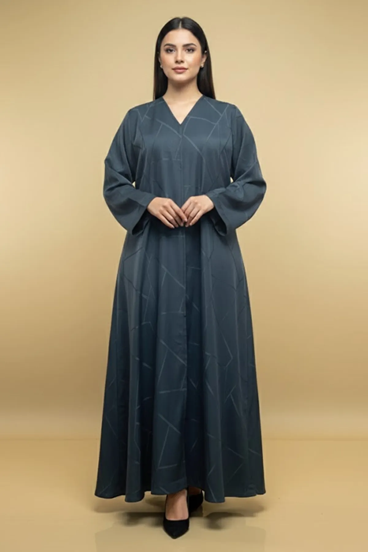 Modern V-neck Maxi Muslim Abaya Geometric Pattern Quality Fabric Long Sleeve A-line Womens Abaya