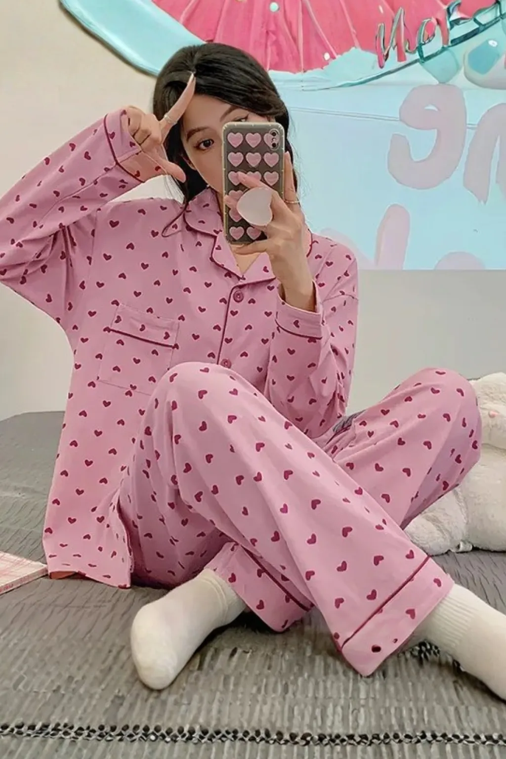 Heart Patterned Women's Pajama Set Soft Fabric Girl's Pajam Two Piecs Set