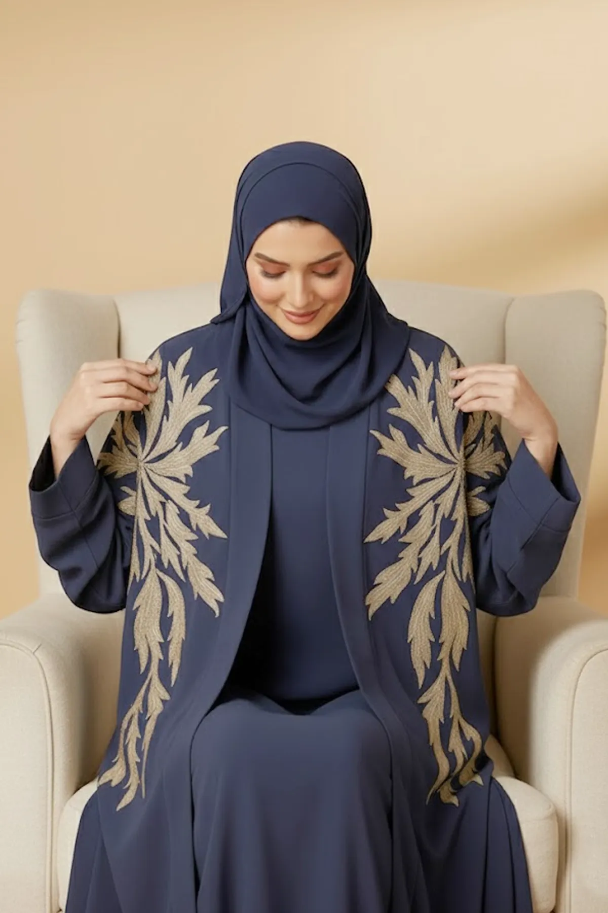 2 Pieces Women’s Navy Blue Open Abaya And Inner With Gold Leaf Embroidery Long Sleeve Muslim Abaya