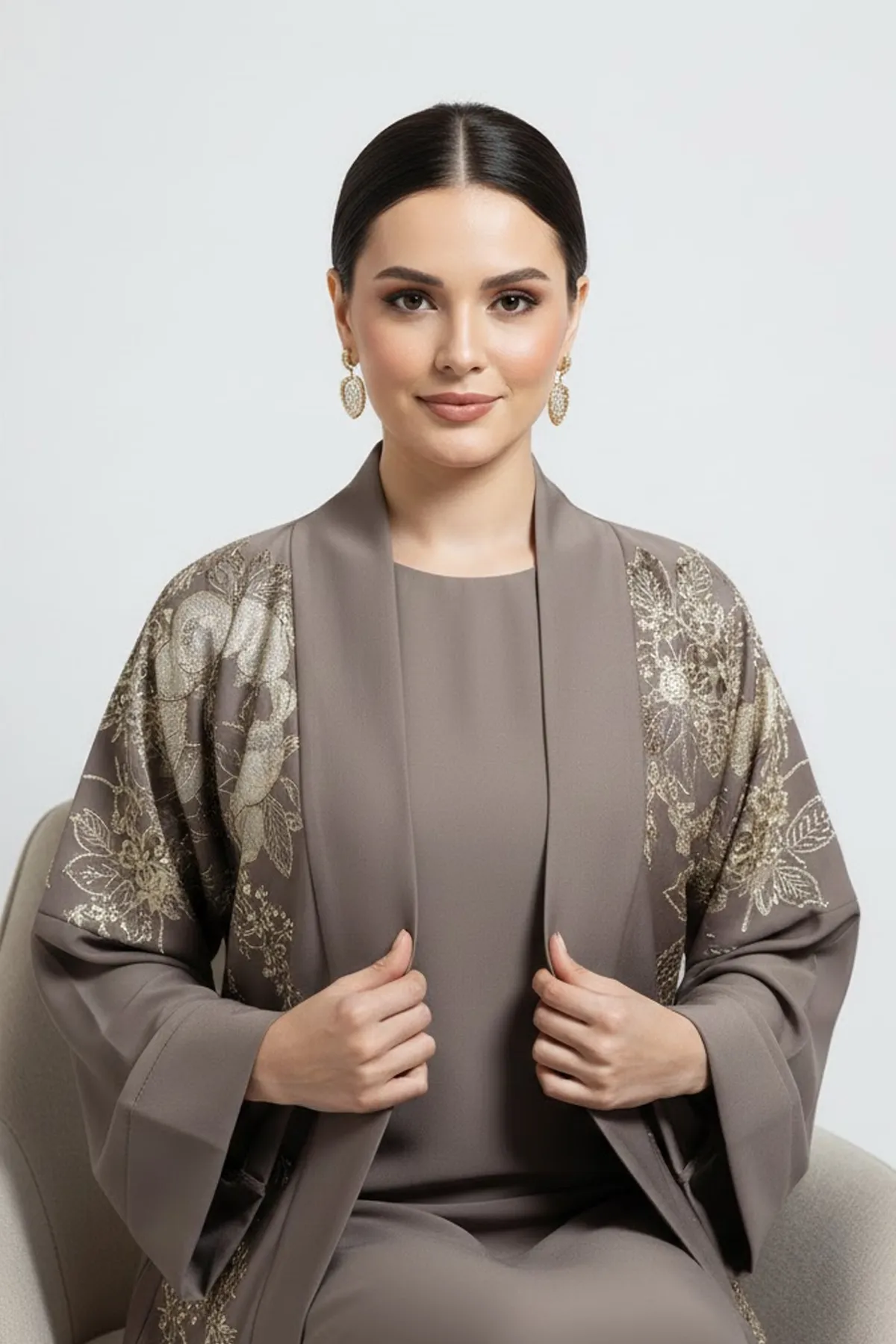 2 Pieces Premium Khaki Open Abaya Set With Inner Elegant Floral Embroidery Casual Muslim Abaya Dress