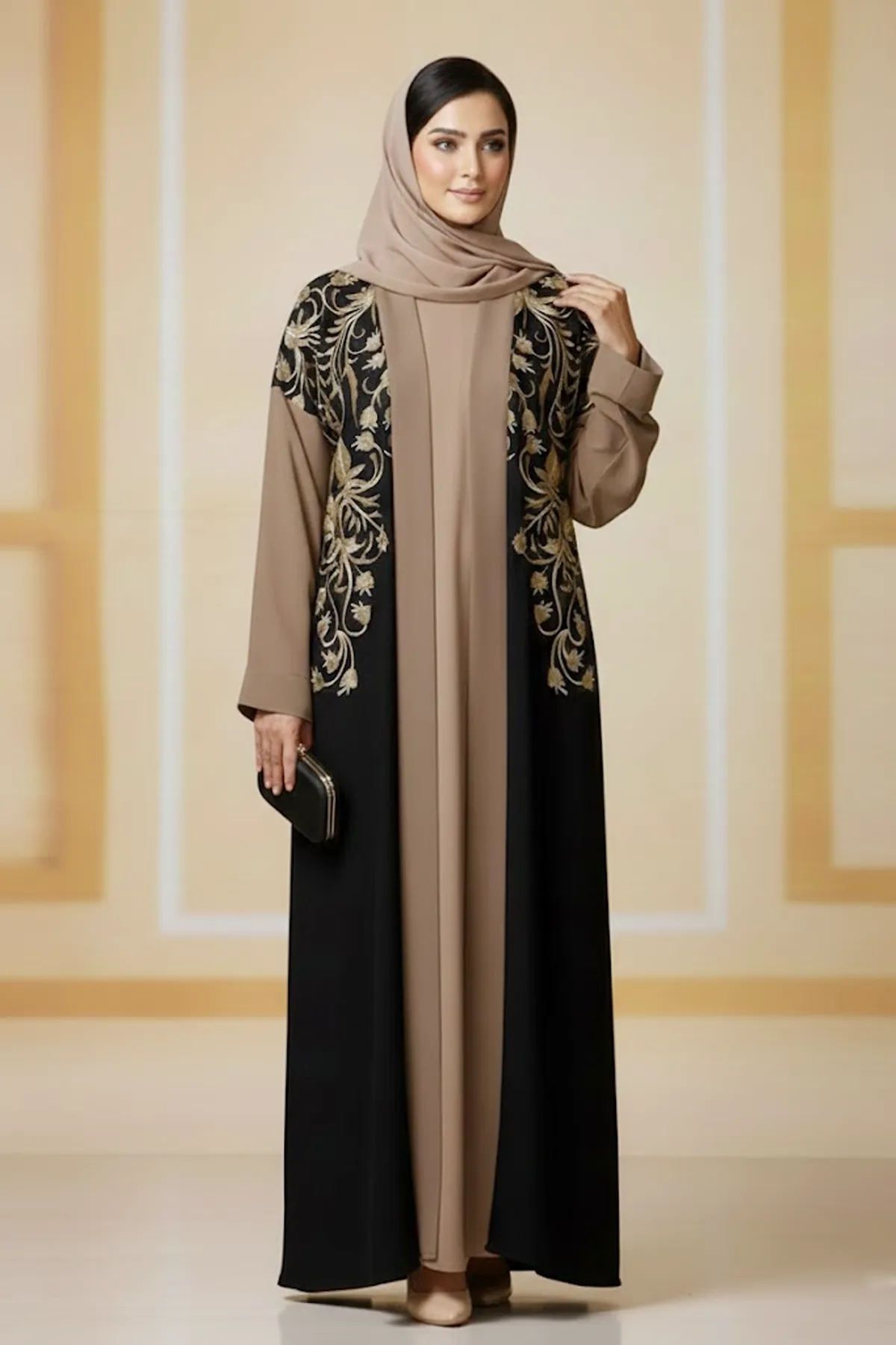 2 Pieces Elegant Black Brown Embroidered Abaya For Women Long Sleeve With Inner Muslim Abaya Dress