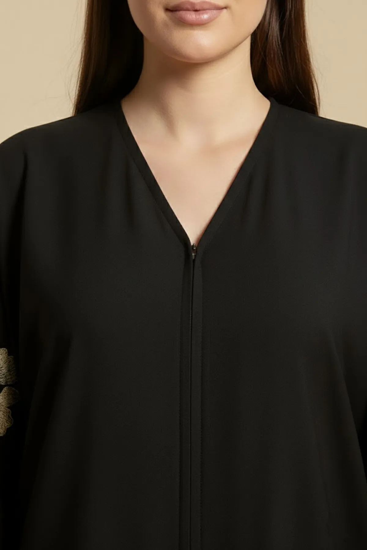 Women's Black Abaya With Gold Floral Embroidery Long Sleeve Button Closure Modest Dress Saudi Style