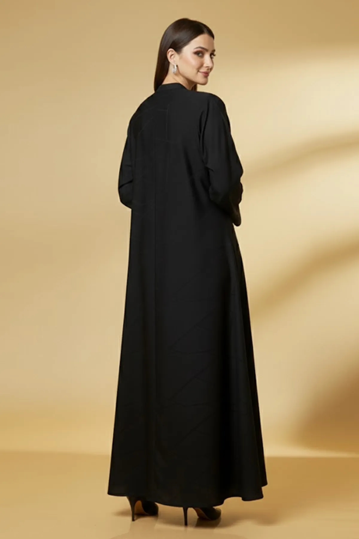 Modern V-neck Maxi Muslim Abaya Geometric Pattern Quality Fabric Long Sleeve A-line Womens Abaya