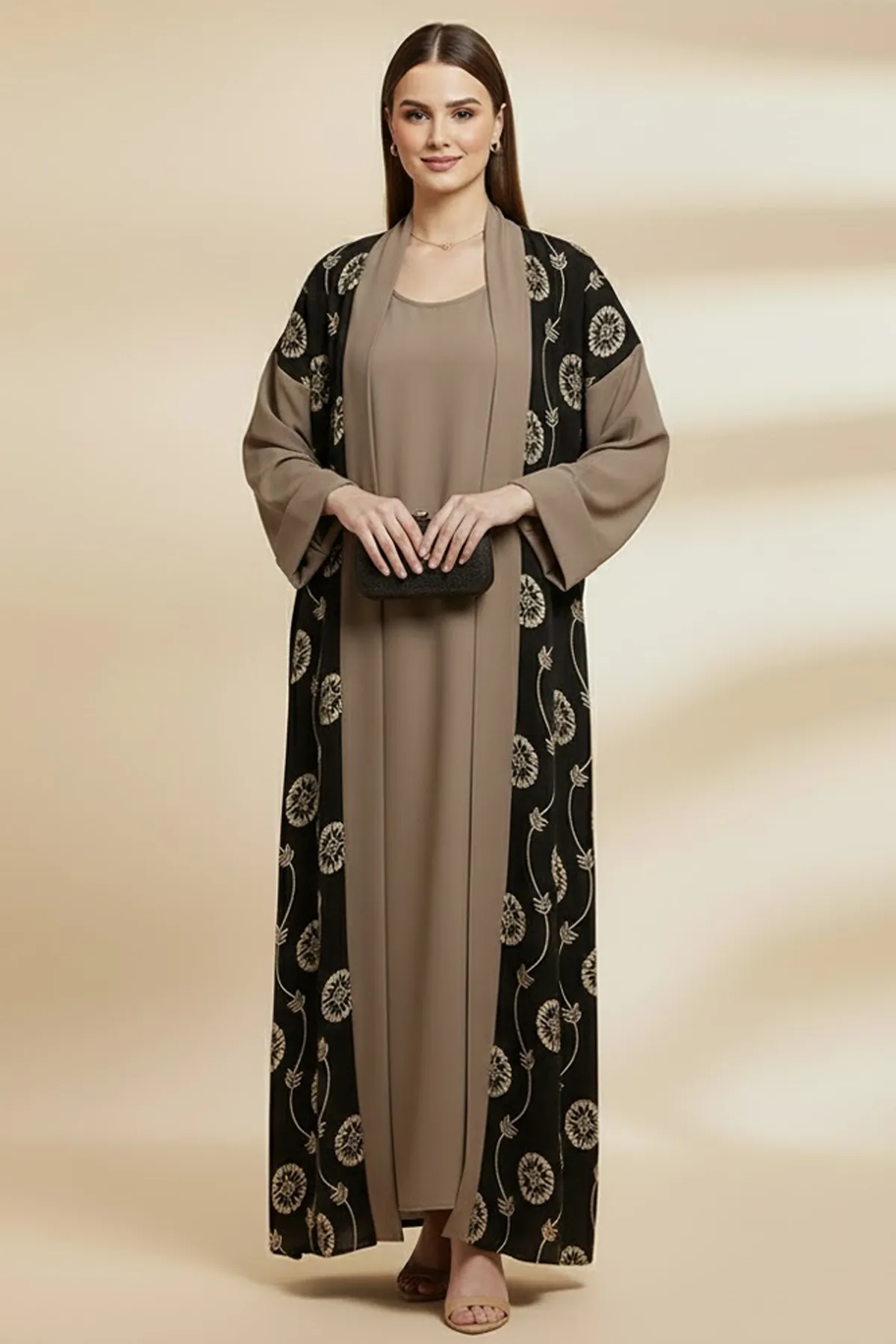 2 Piece Abaya Set Long Sleeve Embroidered Muslim Open Abaya With Matching Inner Dress For Women's