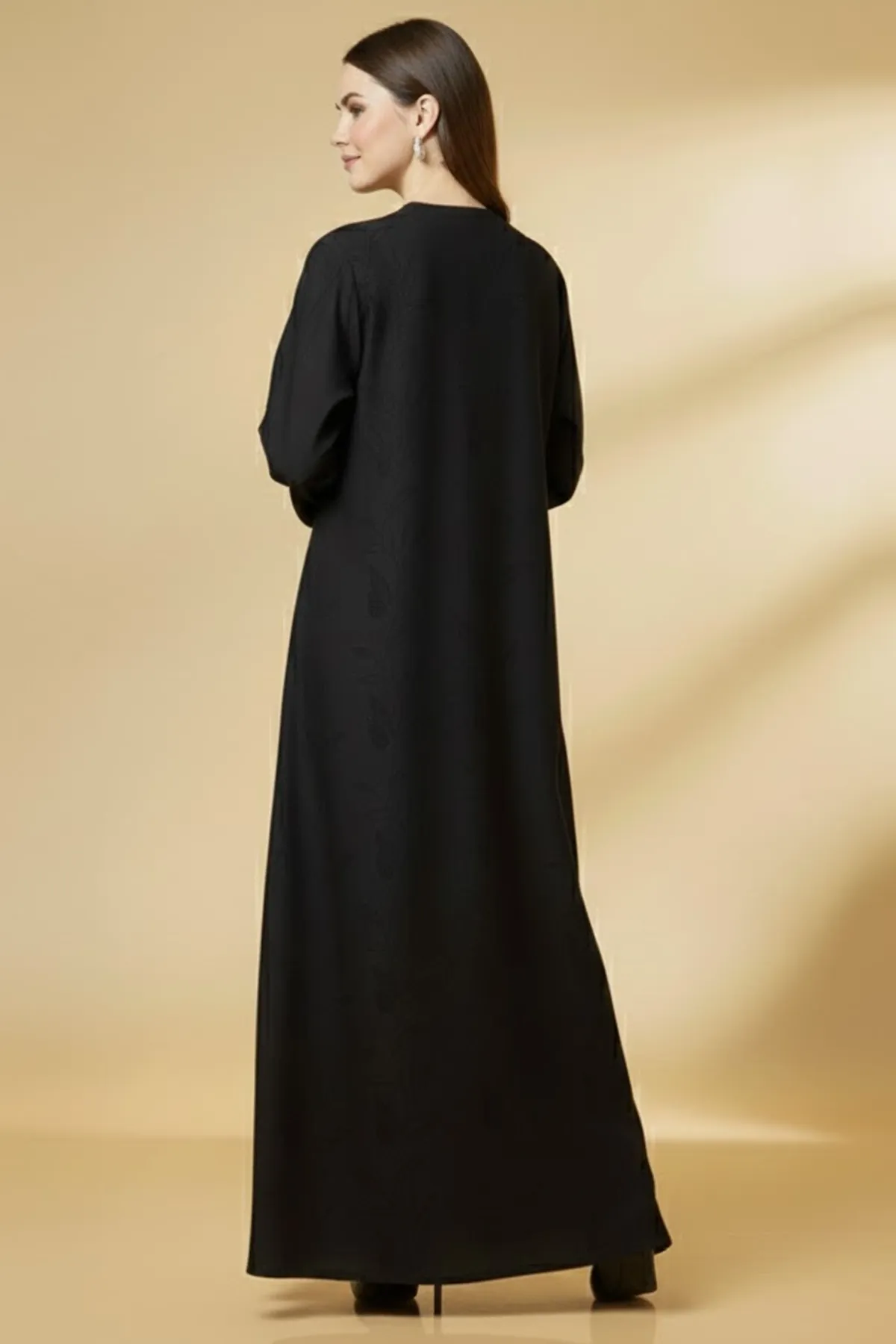 Noir Leaf-print Abaya Classic Tonal Embroider V-neck Long Sleeve Muslim Arabic Black Abaya