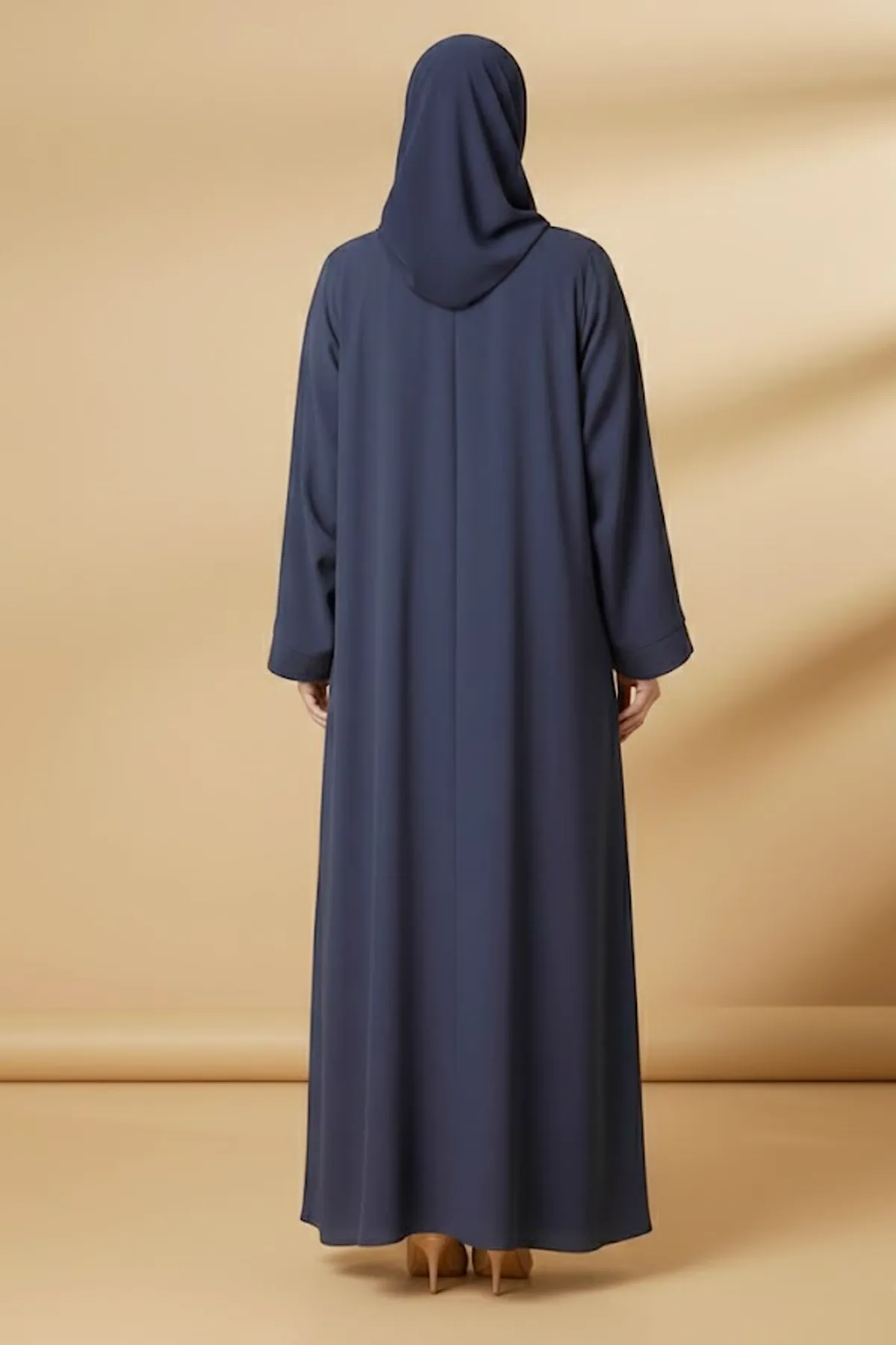 2 Pieces Women’s Navy Blue Open Abaya And Inner With Gold Leaf Embroidery Long Sleeve Muslim Abaya