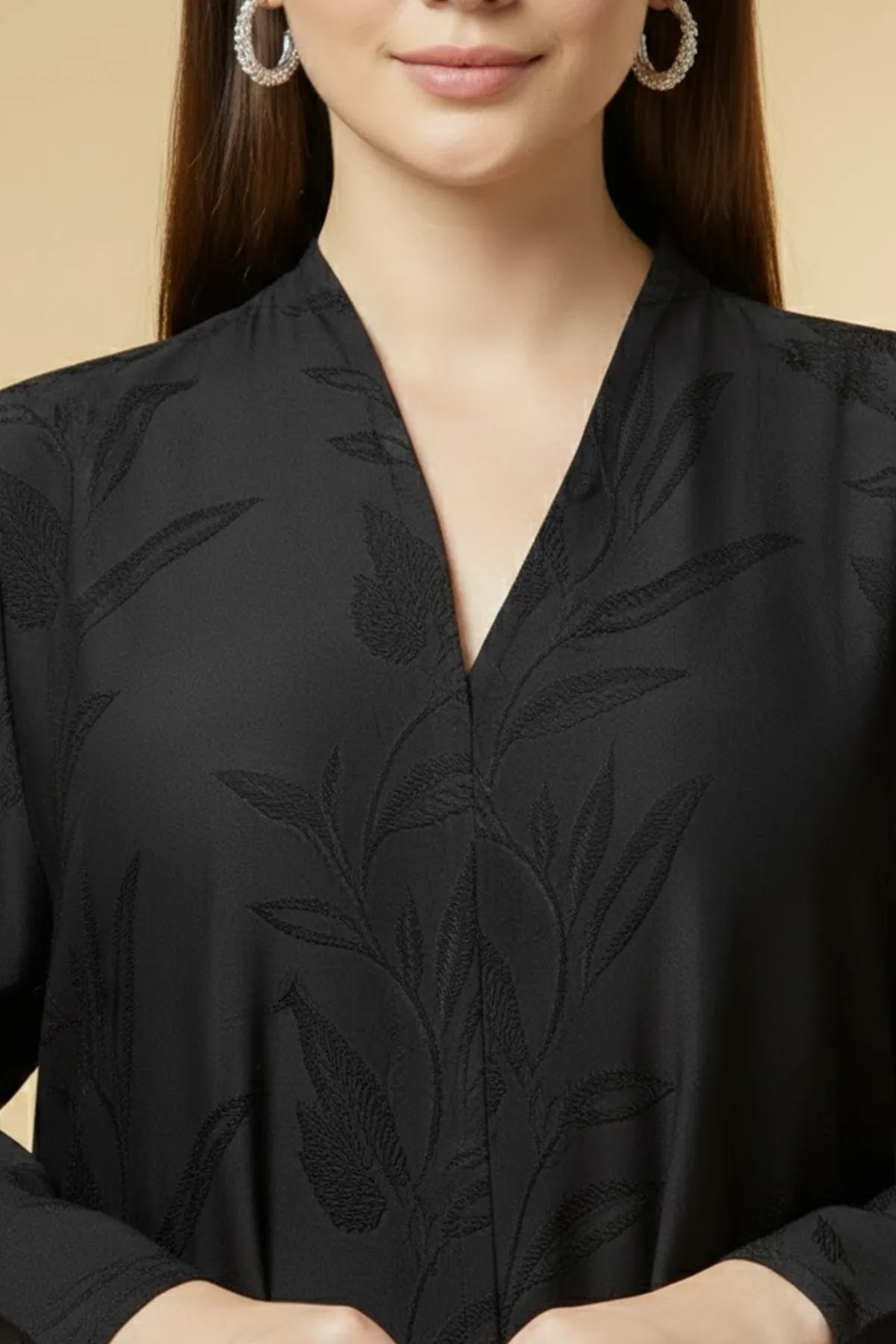 Noir Leaf-print Abaya Classic Tonal Embroider V-neck Long Sleeve Muslim Arabic Black Abaya