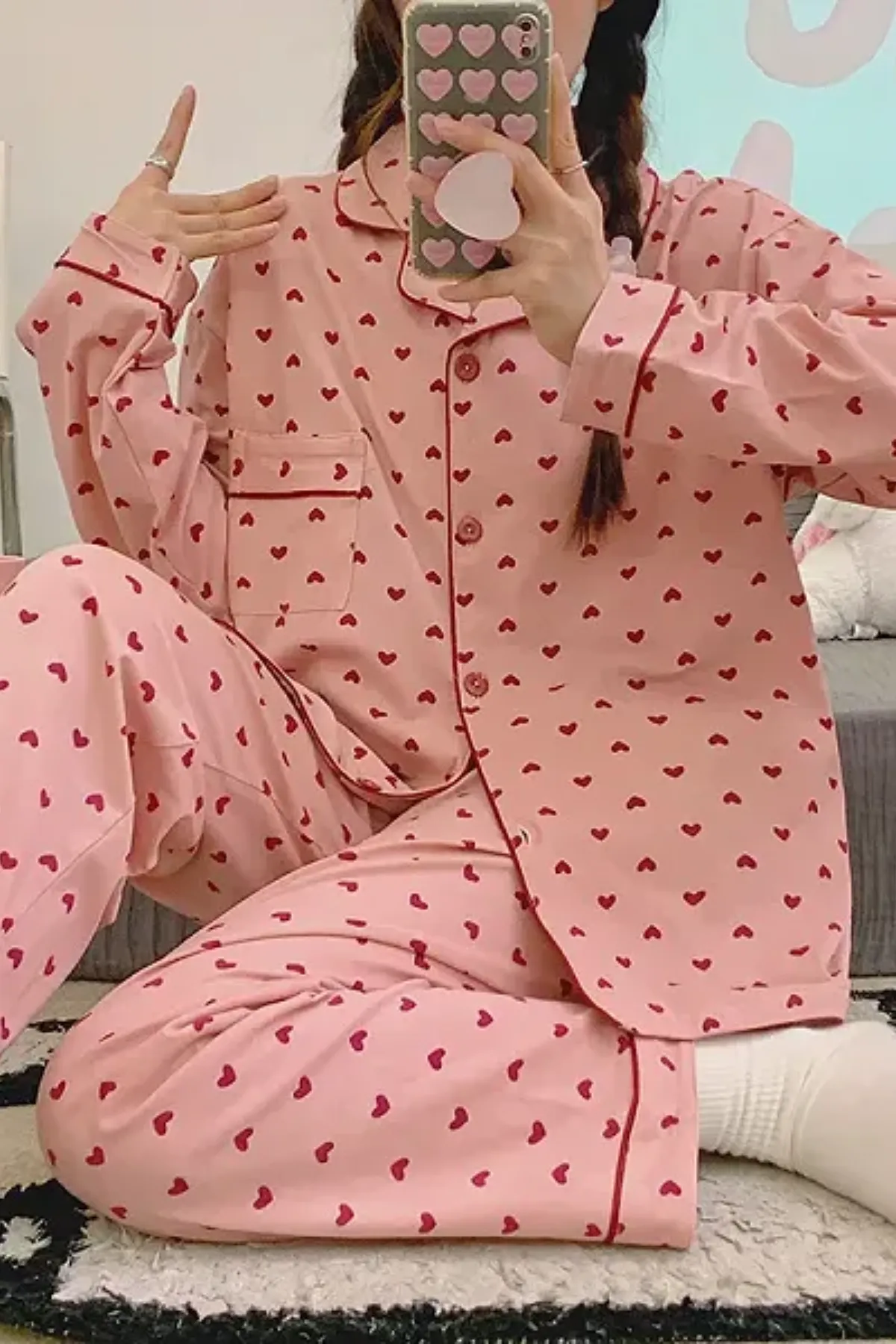 Heart Patterned Women's Pajama Set Soft Fabric Girl's Pajam Two Piecs Set