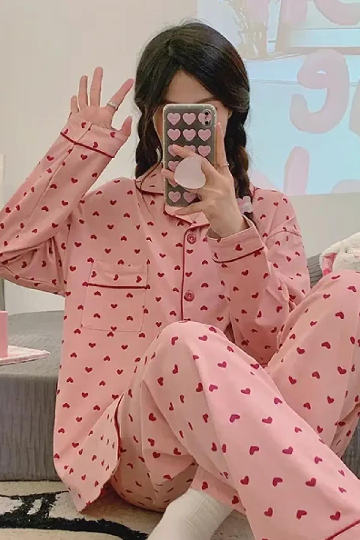 Heart Patterned Women's Pajama Set Soft Fabric Girl's Pajam Two Piecs Set