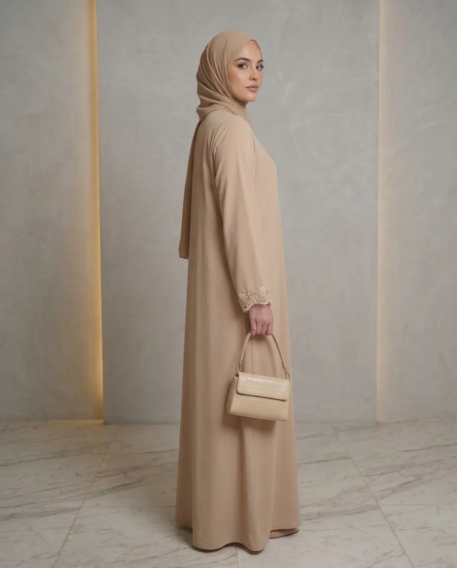 Luxury Beige 3-Piece Abaya Set With Matching Inner Dress & Hijab Scarf