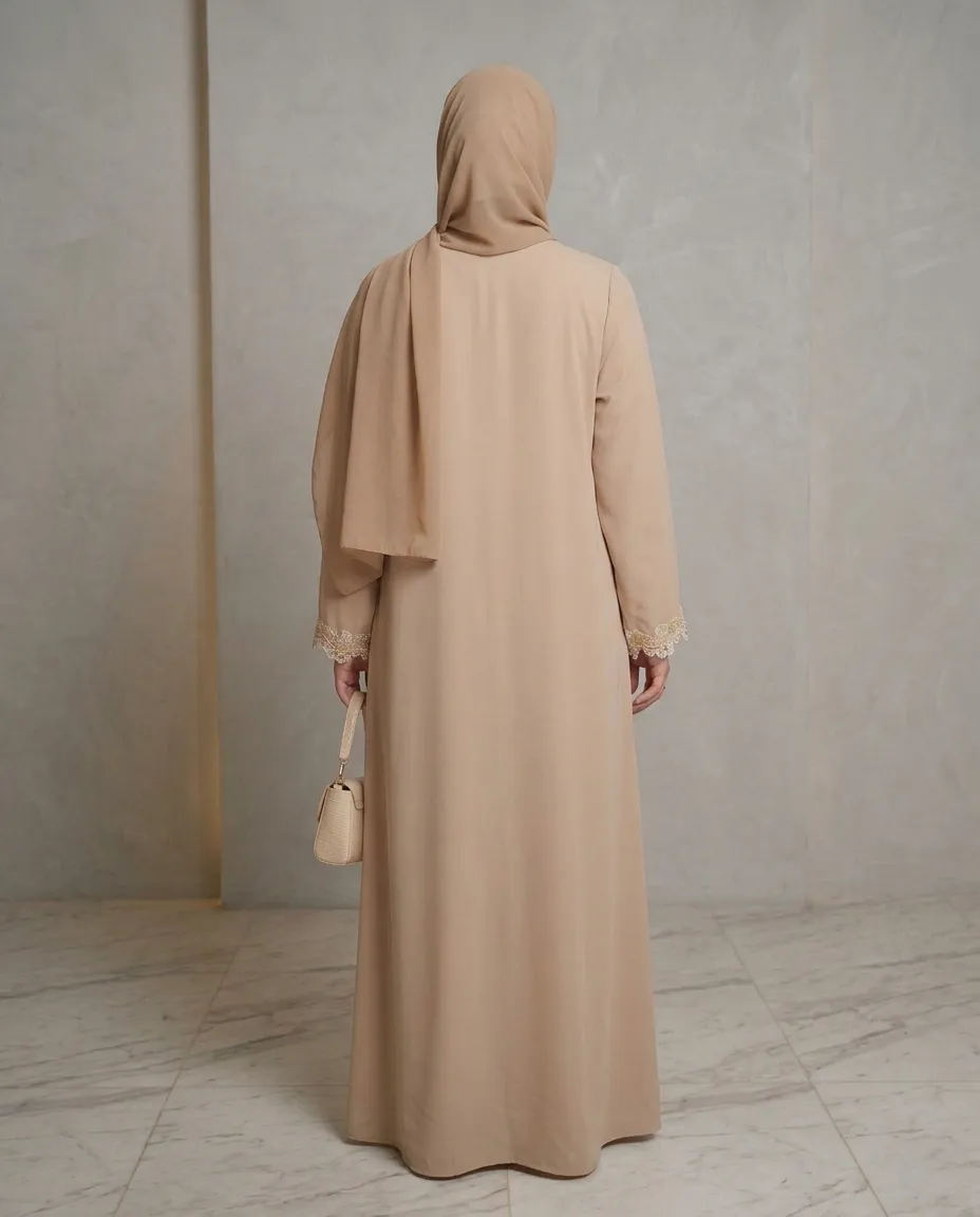 Luxury Beige 3-Piece Abaya Set With Matching Inner Dress & Hijab Scarf