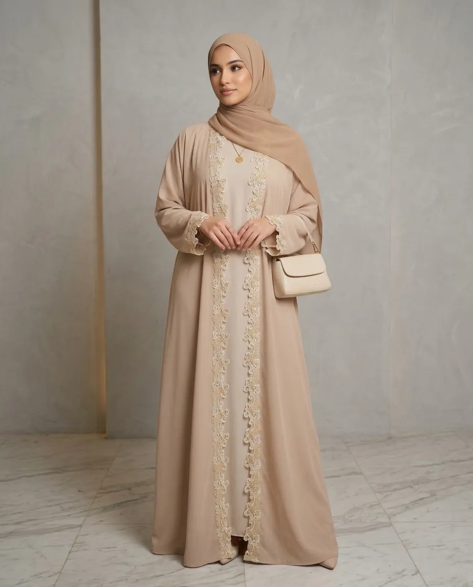 Luxury Beige 3-Piece Abaya Set With Matching Inner Dress & Hijab Scarf