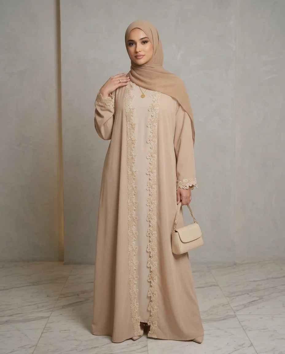 Luxury Beige 3-Piece Abaya Set With Matching Inner Dress & Hijab Scarf