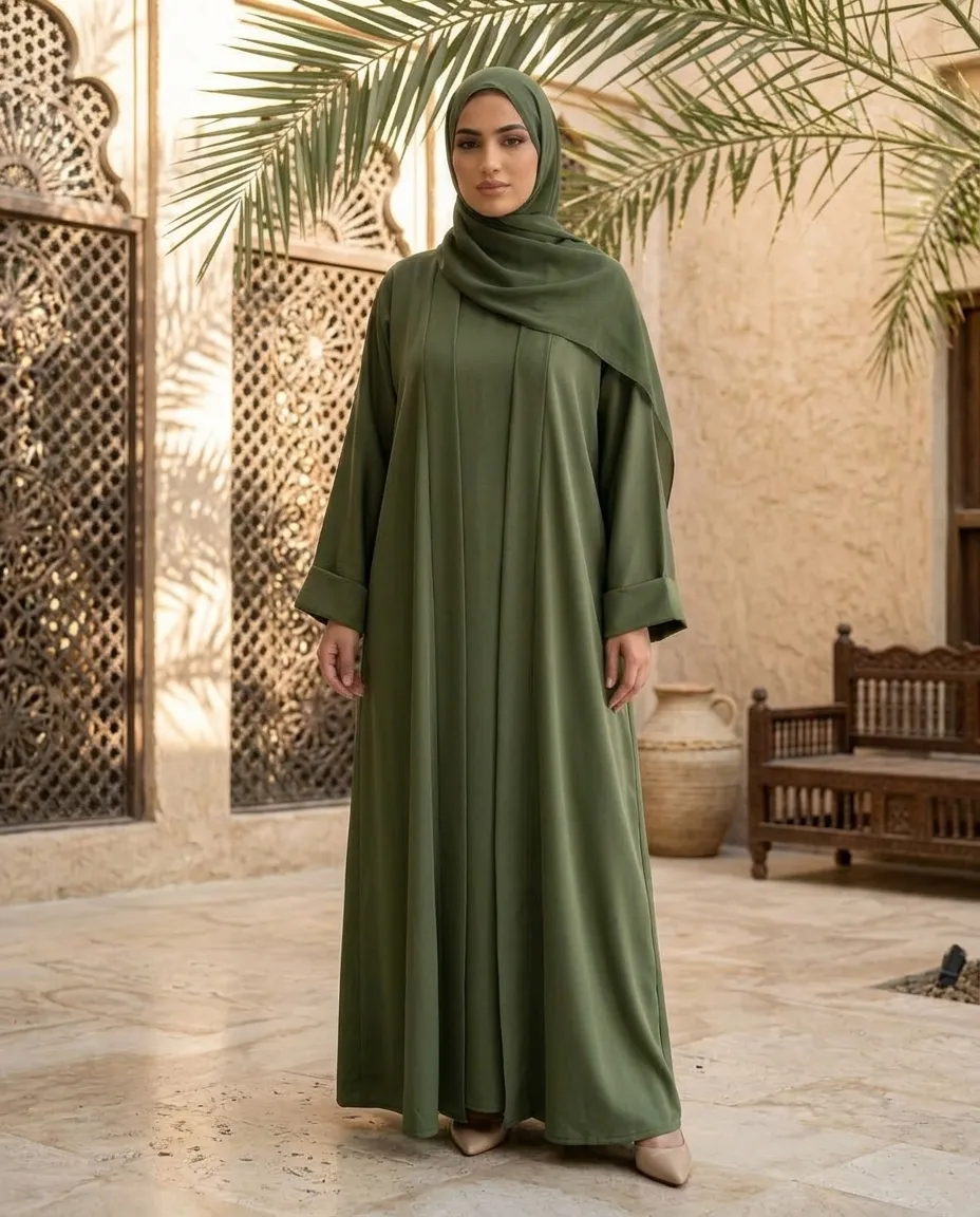 Olive Green 3-Piece Open-Front Abaya Set with Inner Dress & Hijab