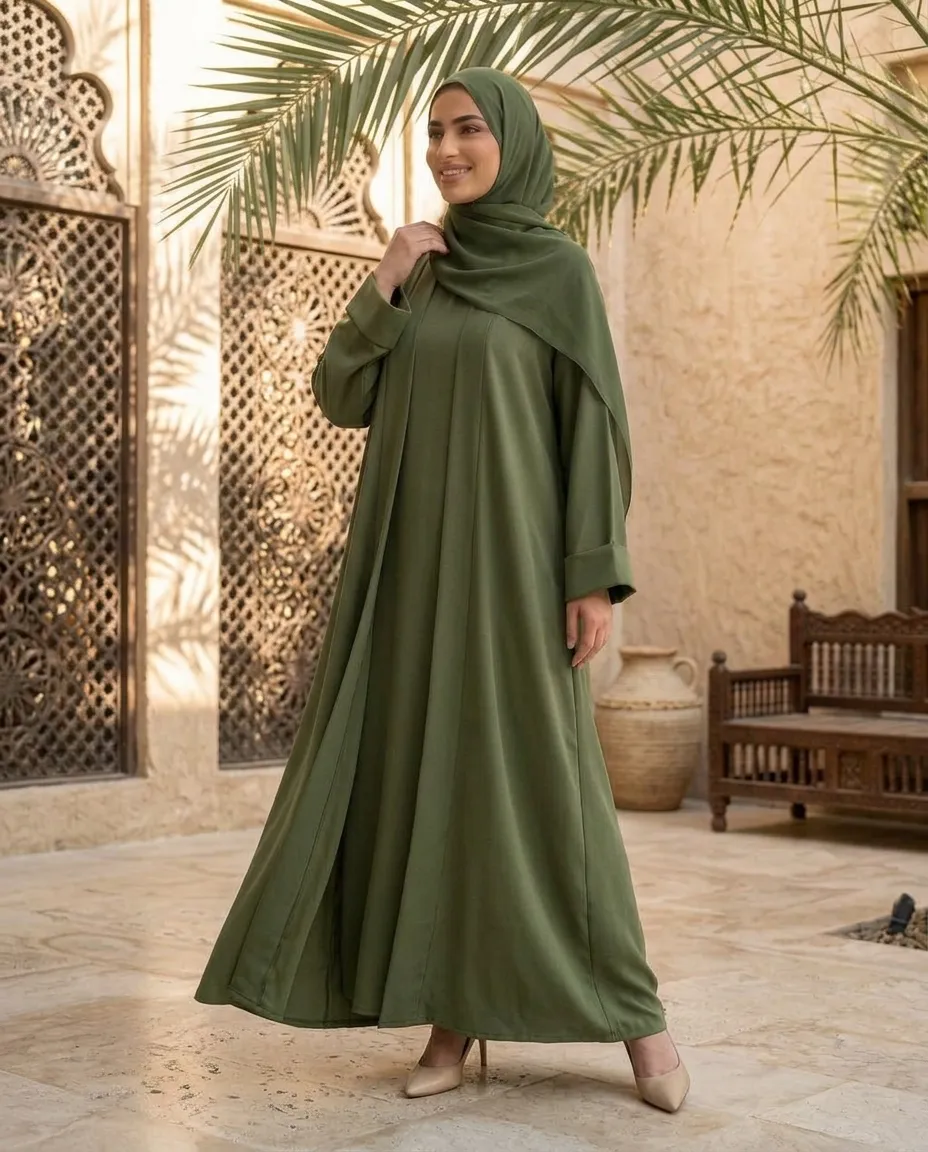 Olive Green 3-Piece Open-Front Abaya Set with Inner Dress & Hijab