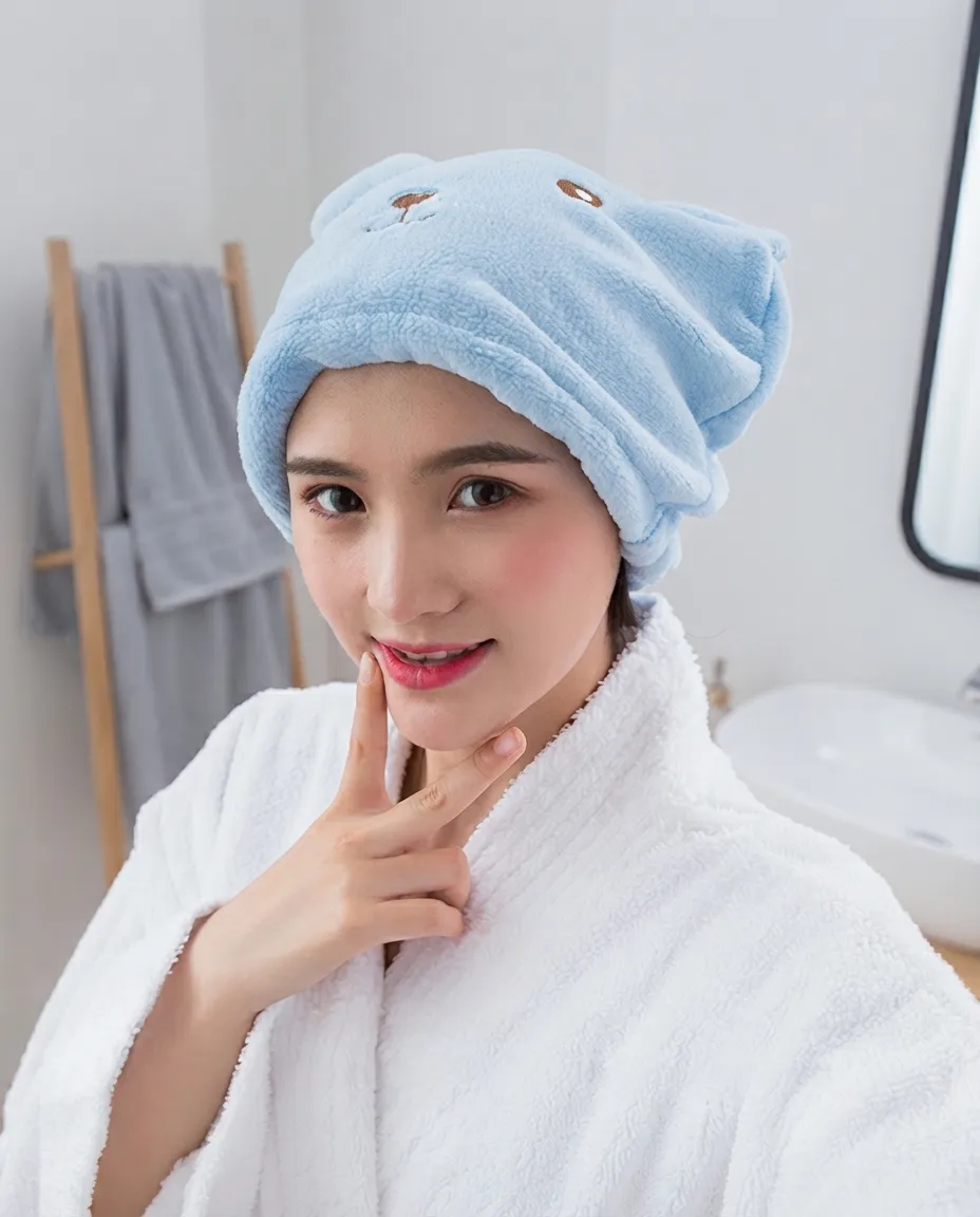 Light Blue Super Absorbent Coral Fabric Elastic Hair Cap